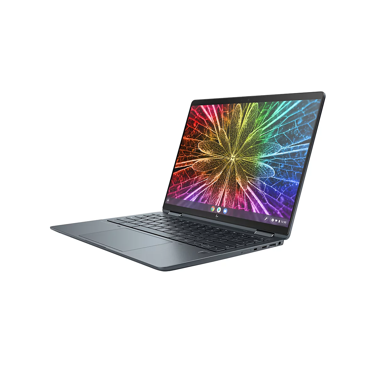 Ein Laptop mit offenem Bildschirm, auf dem ein farbenfrohes, blumenartiges Muster zu sehen ist.