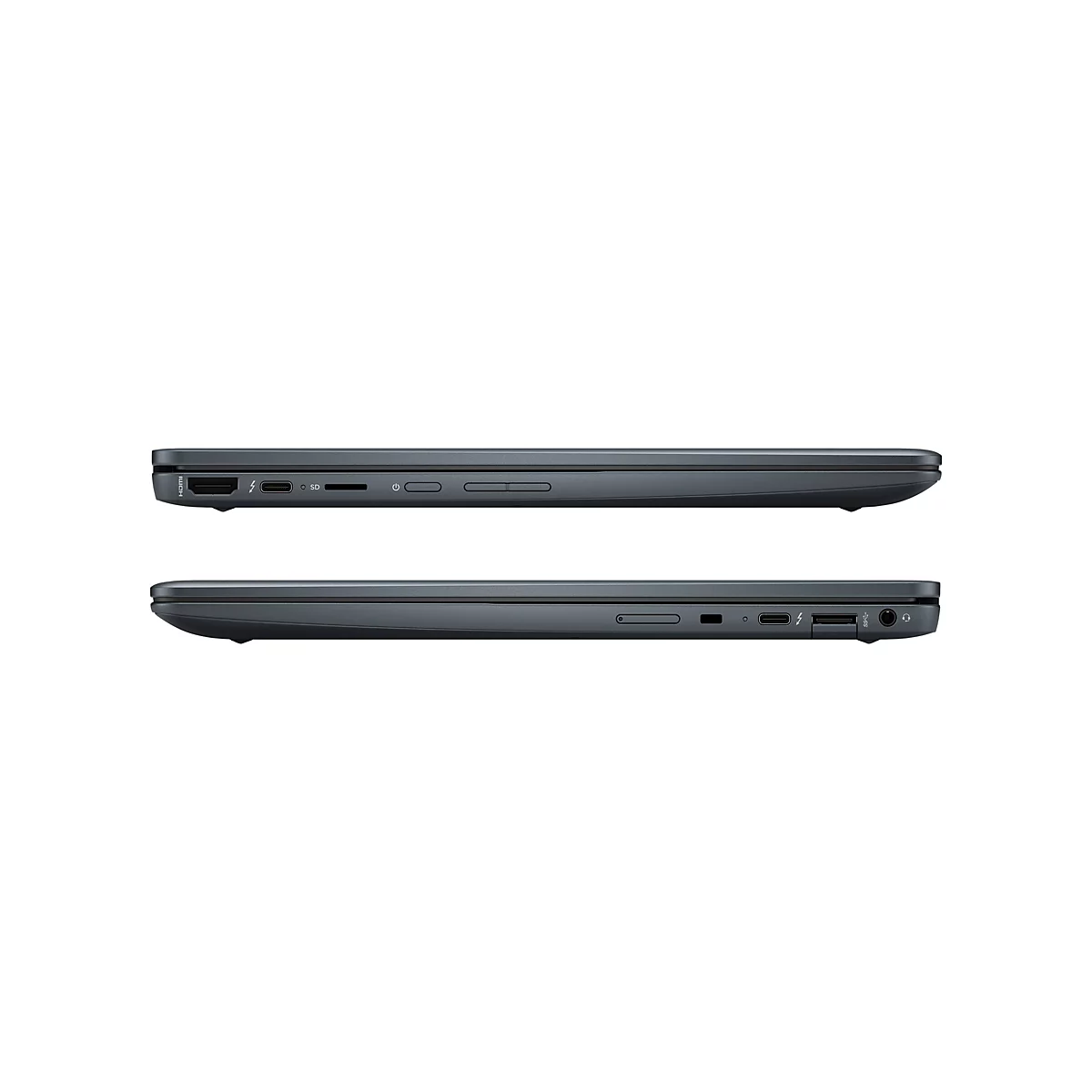 Zwei Seitenansichten eines grauen Laptops vor weißem Hintergrund. HDMI-, SD-Karten-, USB-C- und Audioanschlüsse sind sichtbar.