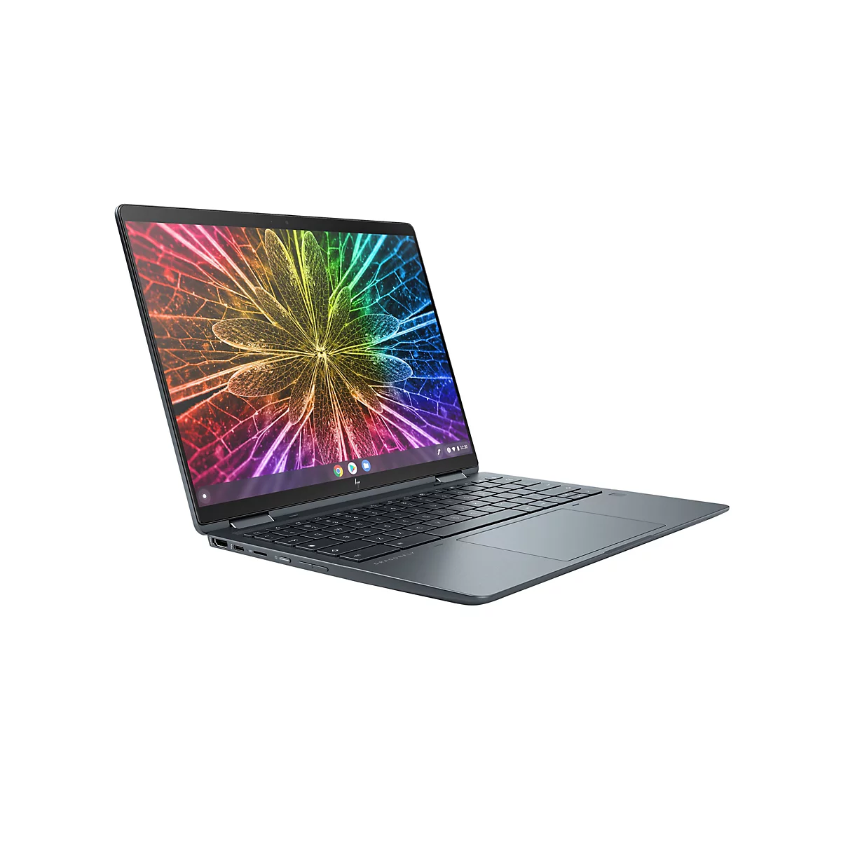 Dunkelgraues Laptop, Display mit farbenfroher Grafik. Bildschirm zeigt Uhrzeit und Google-Symbole.