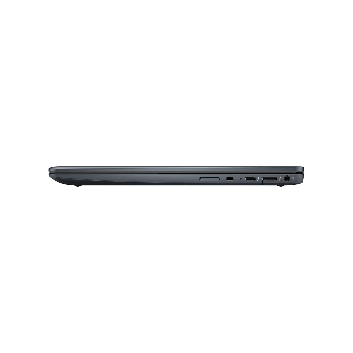 Dunkelgraues Laptop-Profil mit Anschlüssen, wie USB-C, Audioanschluss, sowie SD-Karten- und Ladeanschluss.