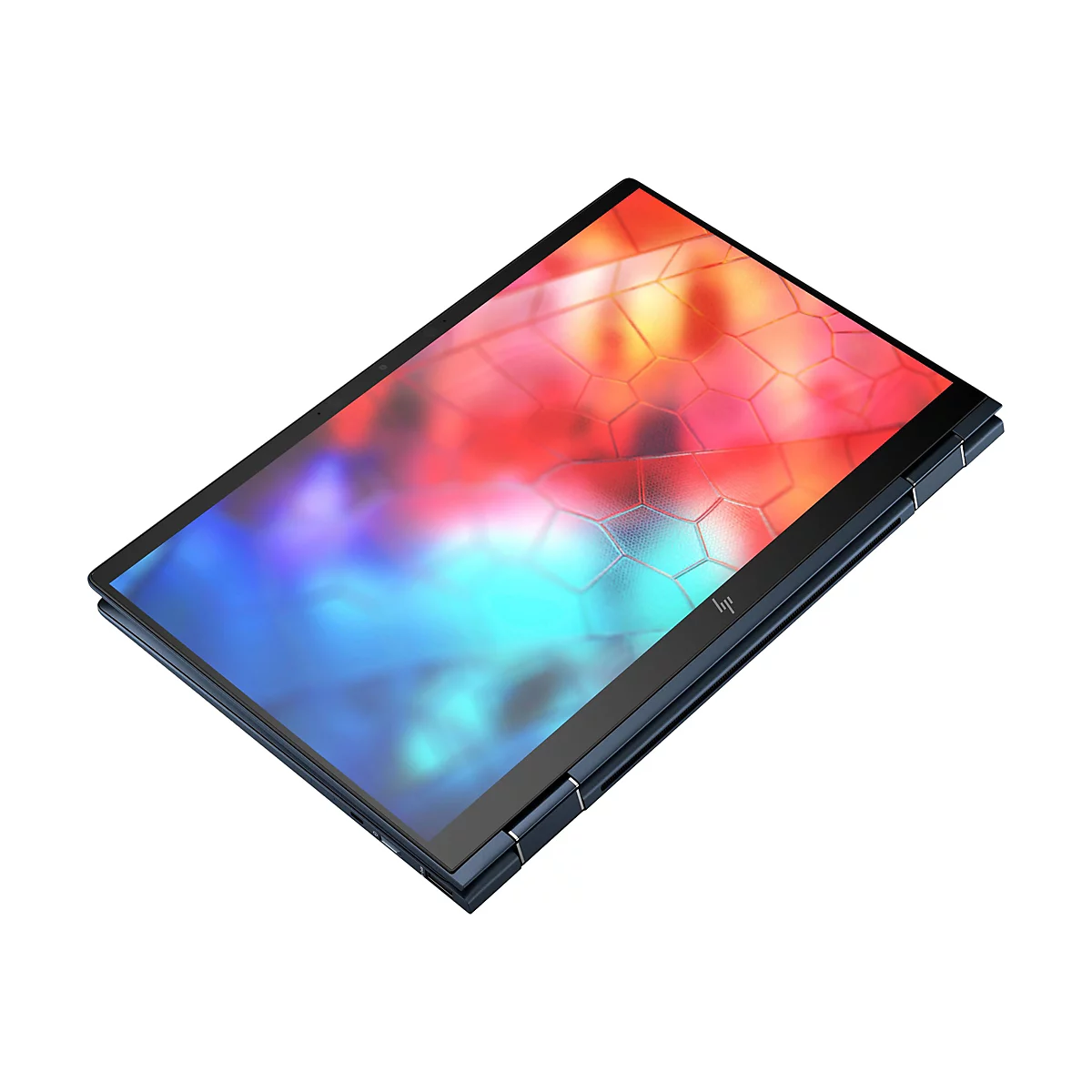 Dunkelblauer Laptop, teilweise geÃ¶ffnet, mit farbigem Bildschirm. Die HP-Logo ist in der unteren rechten Ecke zu sehen.