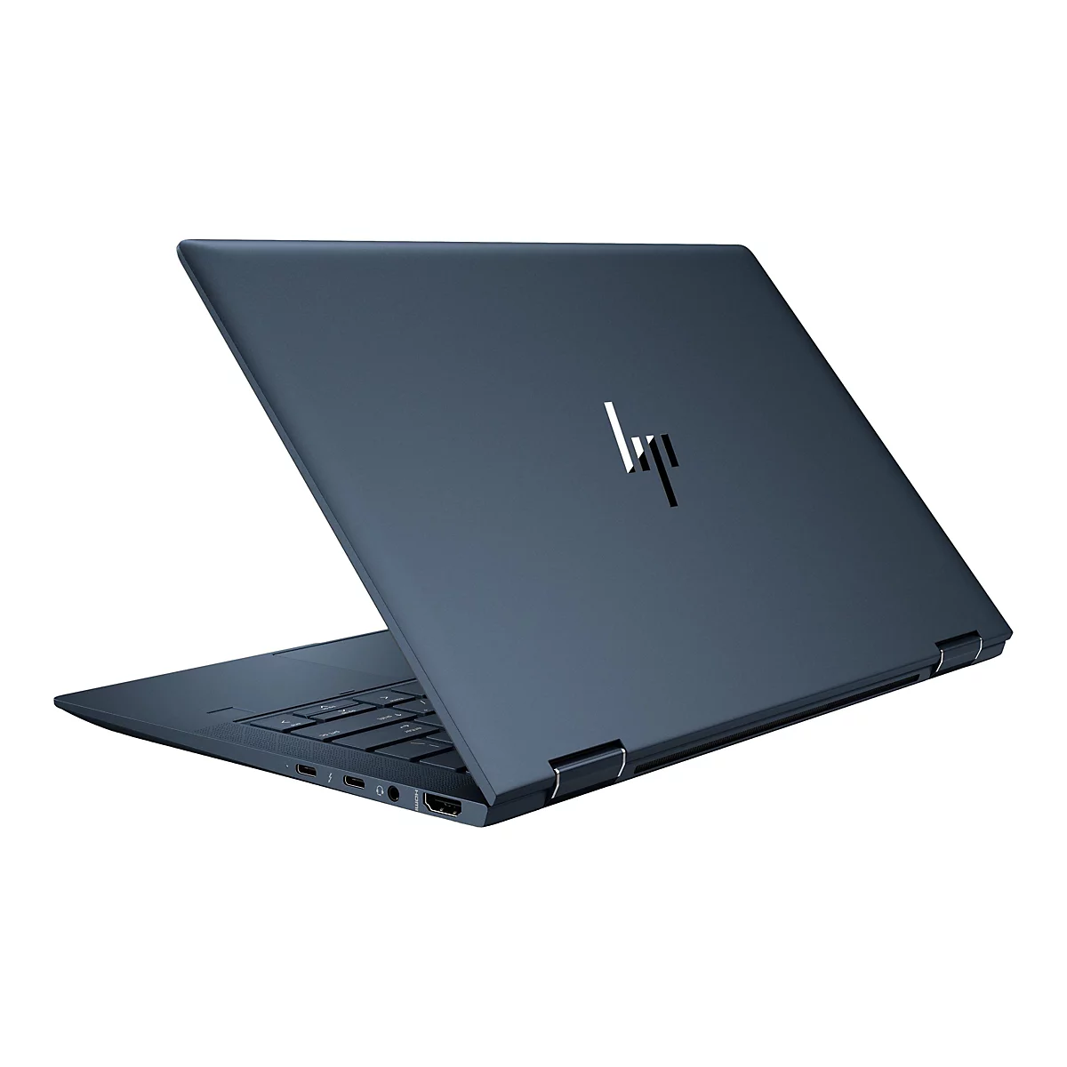 Dunkelblauer Laptop mit HP-Logo, leicht geÃ¶ffnet. Sichtbar: Tastatur, AnschlÃ¼sse, und Scharniere.