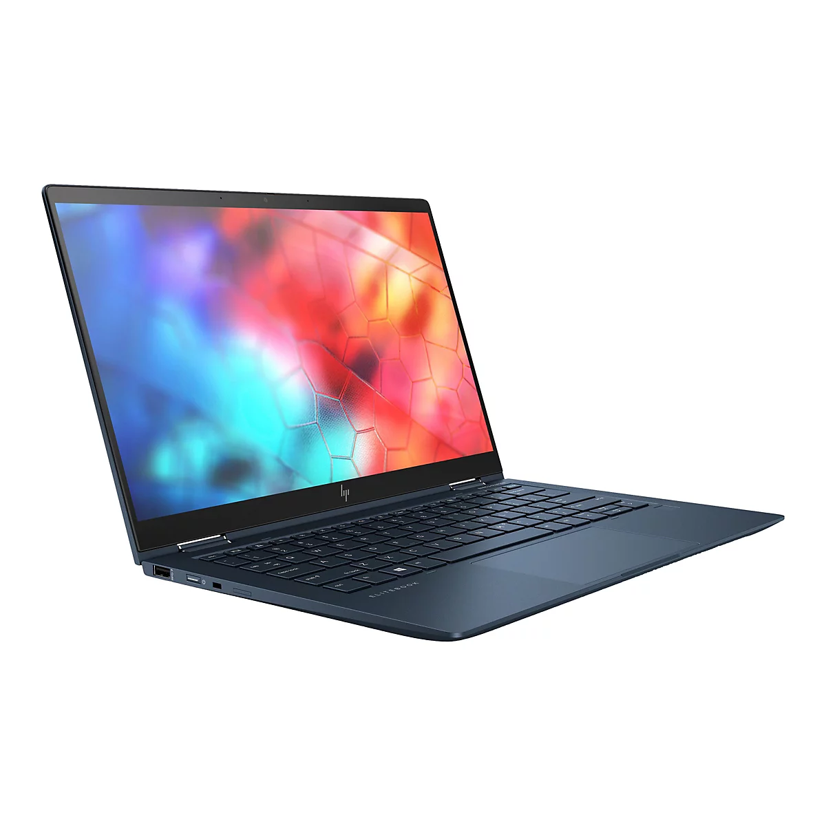 Blauer Laptop, Display mit abstraktem Muster. Tastatur sichtbar. HP-Logo auf dem GerÃ¤t.