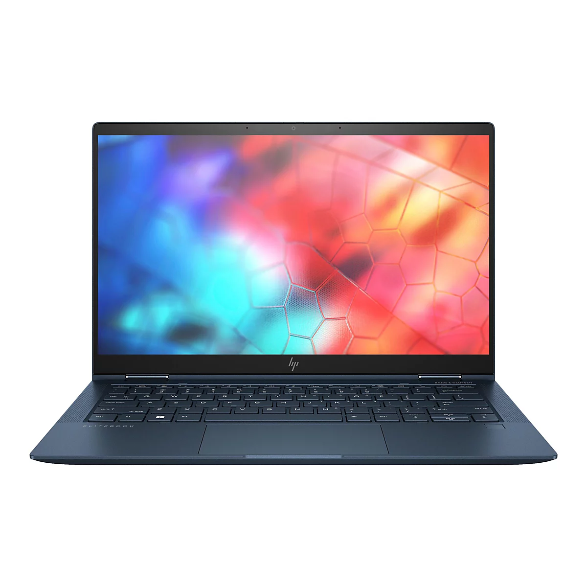 Dunkelblauer Laptop mit offenem Bildschirm, der ein abstraktes, farbenfrohes Muster zeigt; weiÃŸer Hintergrund.
