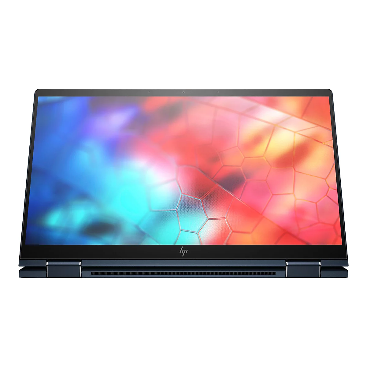 Dunkelblauer Laptop, geÃ¶ffnet, Bildschirm mit farbiger Darstellung.