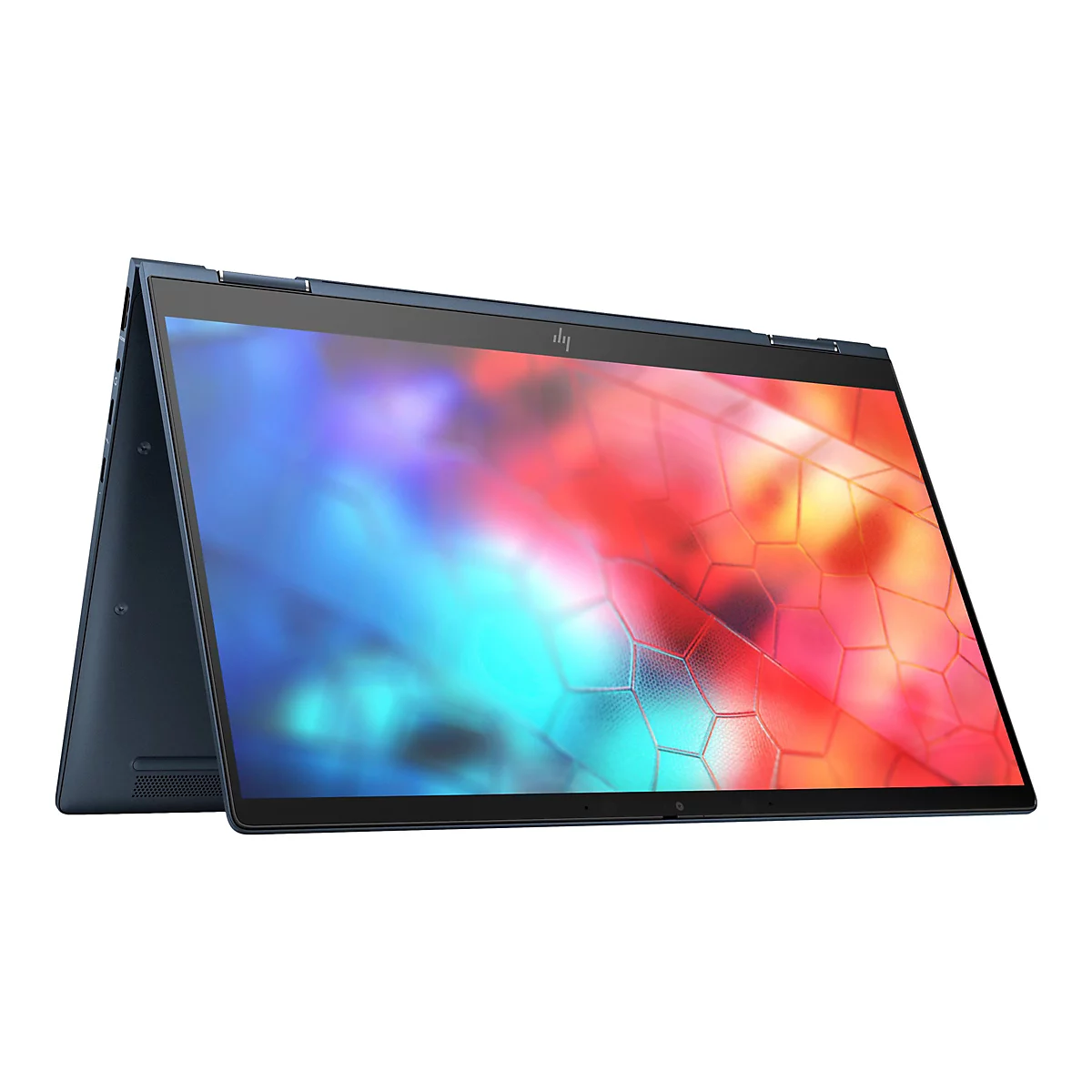 Dunkelblauer Laptop, halb geÃ¶ffnet. Bildschirm mit bunten Farben und geometrischen Formen.