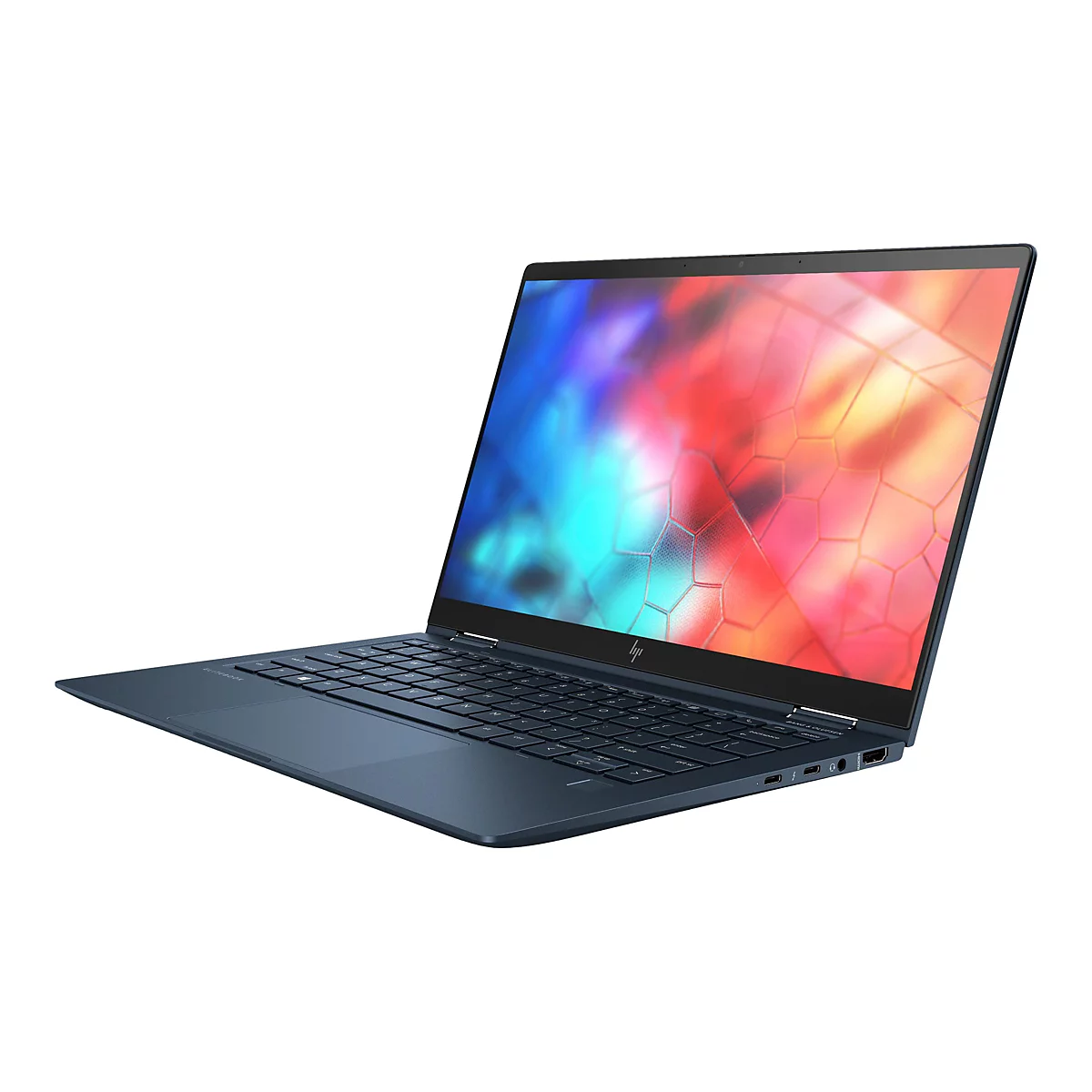 Dunkelblauer Laptop, geÃ¶ffnet, Display mit farbigem Hintergrund. Rechts, HP-Logo. Auf weiÃŸem Hintergrund.