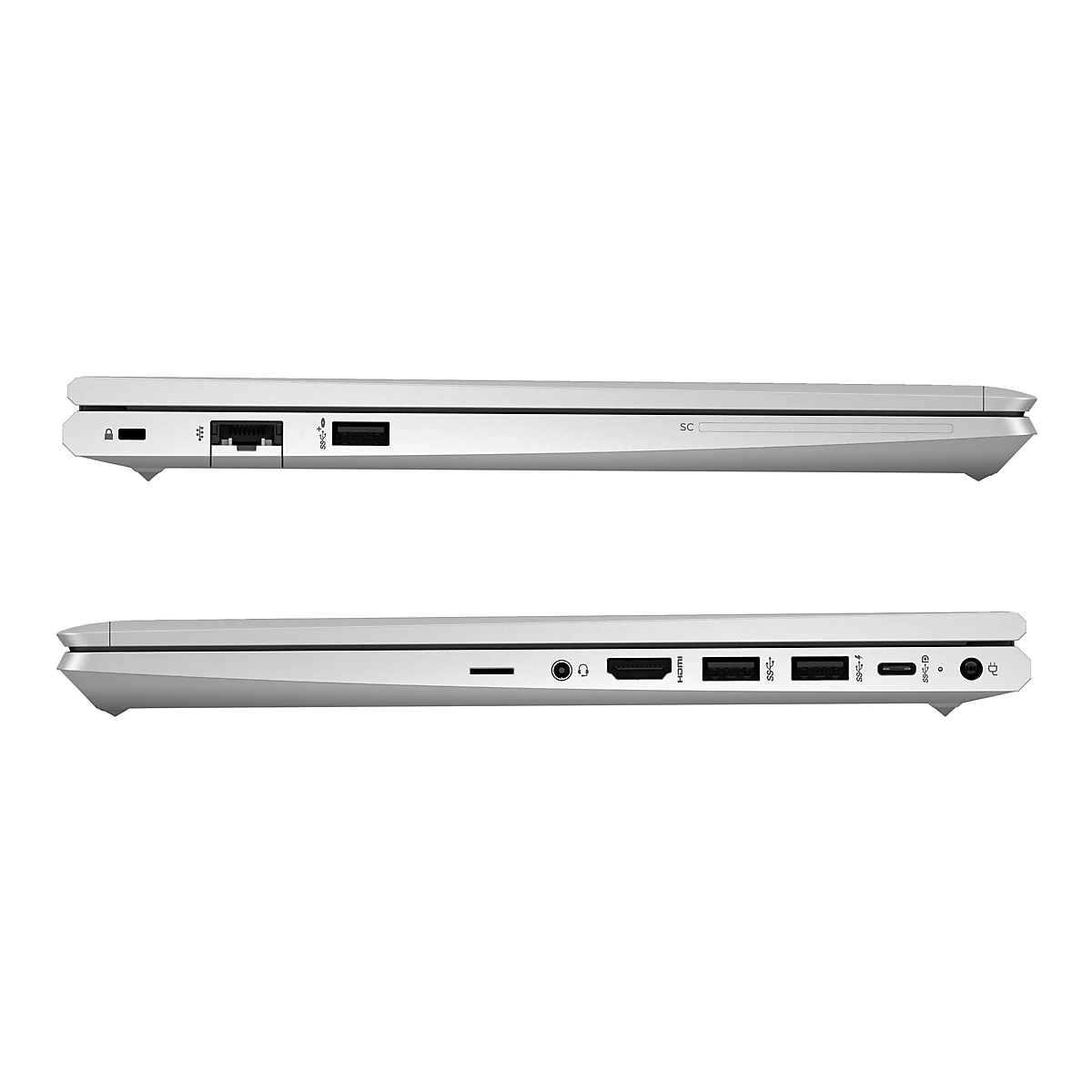 Zwei silberfarbene Laptops im Profil, mit verschiedenen Anschlüssen und einem schlanken Design.
