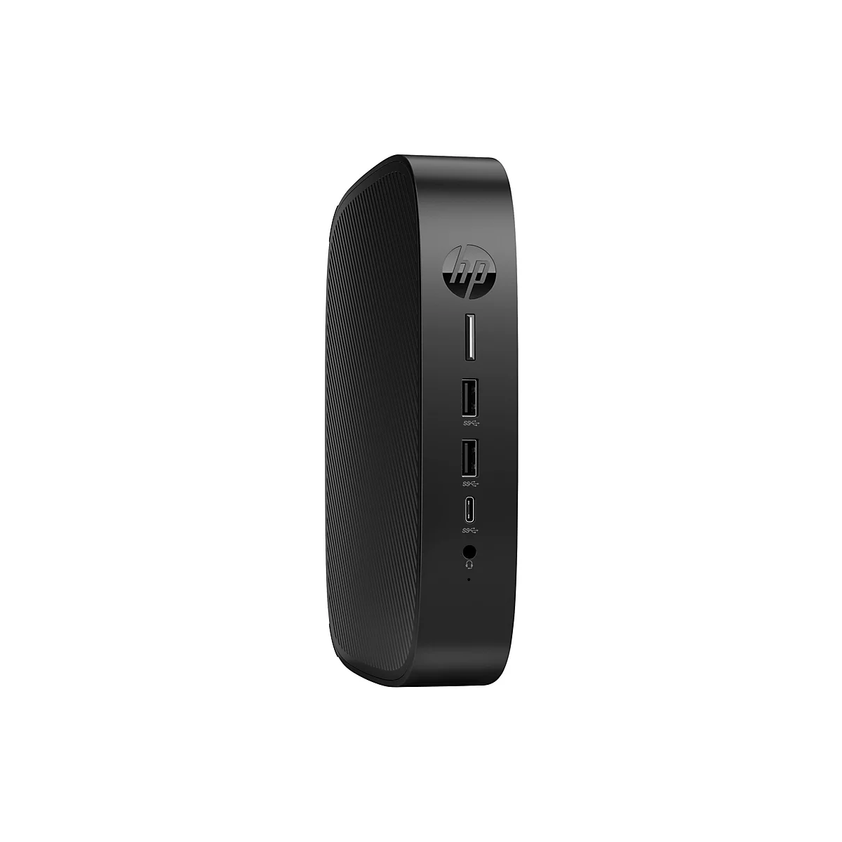 Ein schwarzer Mini-PC vor weißem Hintergrund. Auf der Vorderseite sind Anschlüsse und das HP-Logo zu sehen.
