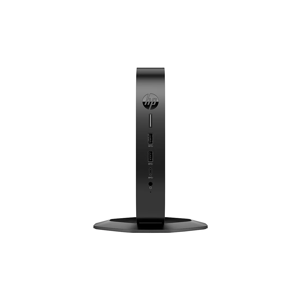 Schwarzer HP Mini-PC, aufrecht stehend. Oben HP-Logo, darunter USB- und Audio-Anschlüsse.