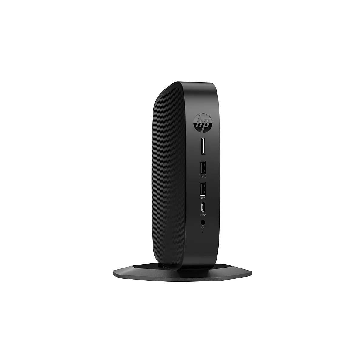 Schwarzer HP Mini-PC auf einem Ständer. Vorderseite mit Anschlüssen und HP-Logo.