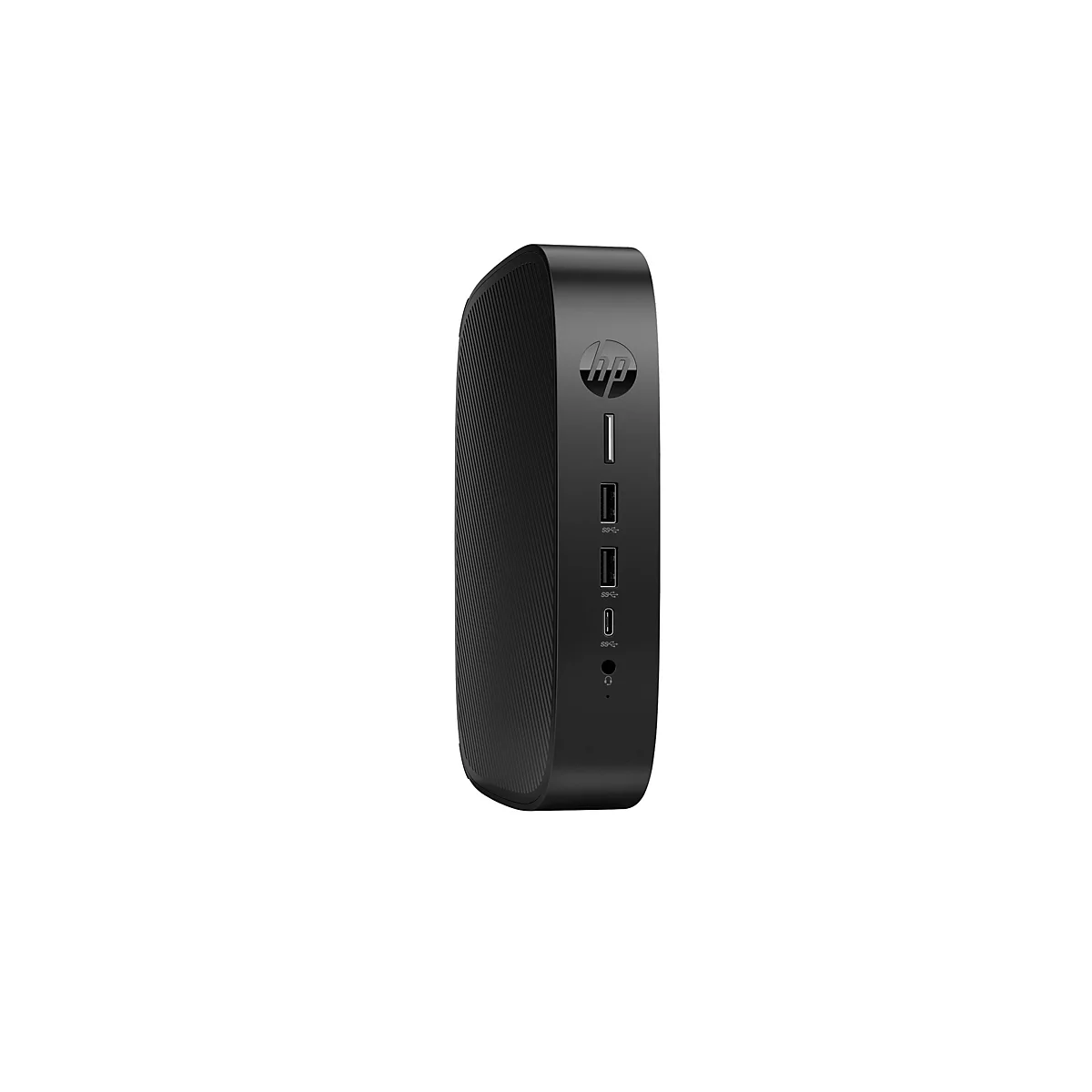 Schwarzer Mini-PC mit HP-Logo und Anschlüssen. Vertikale Ausrichtung, auf weißem Hintergrund.