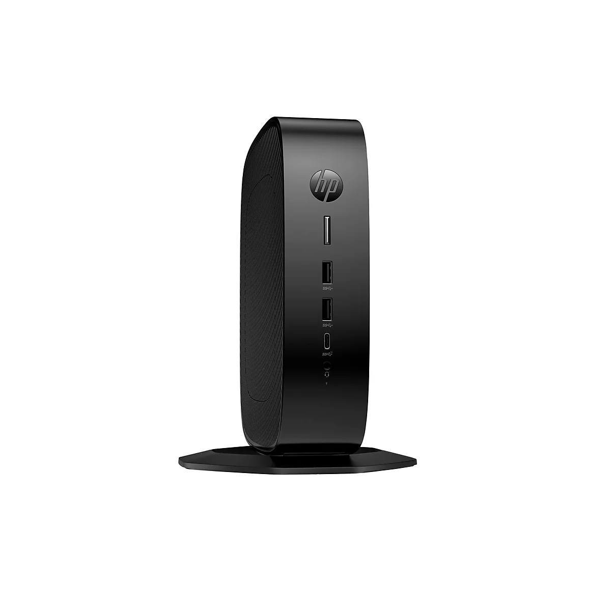 Schwarzer HP Mini-Desktop-PC, stehend, mit Anschlüssen und HP-Logo, auf weißem Hintergrund.