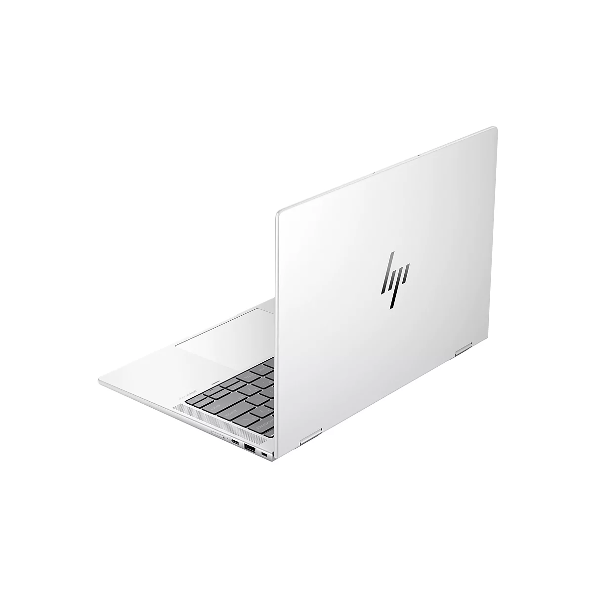 Weißes Laptop mit HP-Logo, teilweise geöffnet. Tastatur, Anschlüsse sind erkennbar.