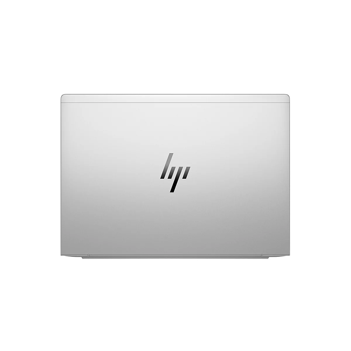 Silberner Laptop-Deckel mit HP-Logo. Das Logo besteht aus drei diagonalen Strichen.