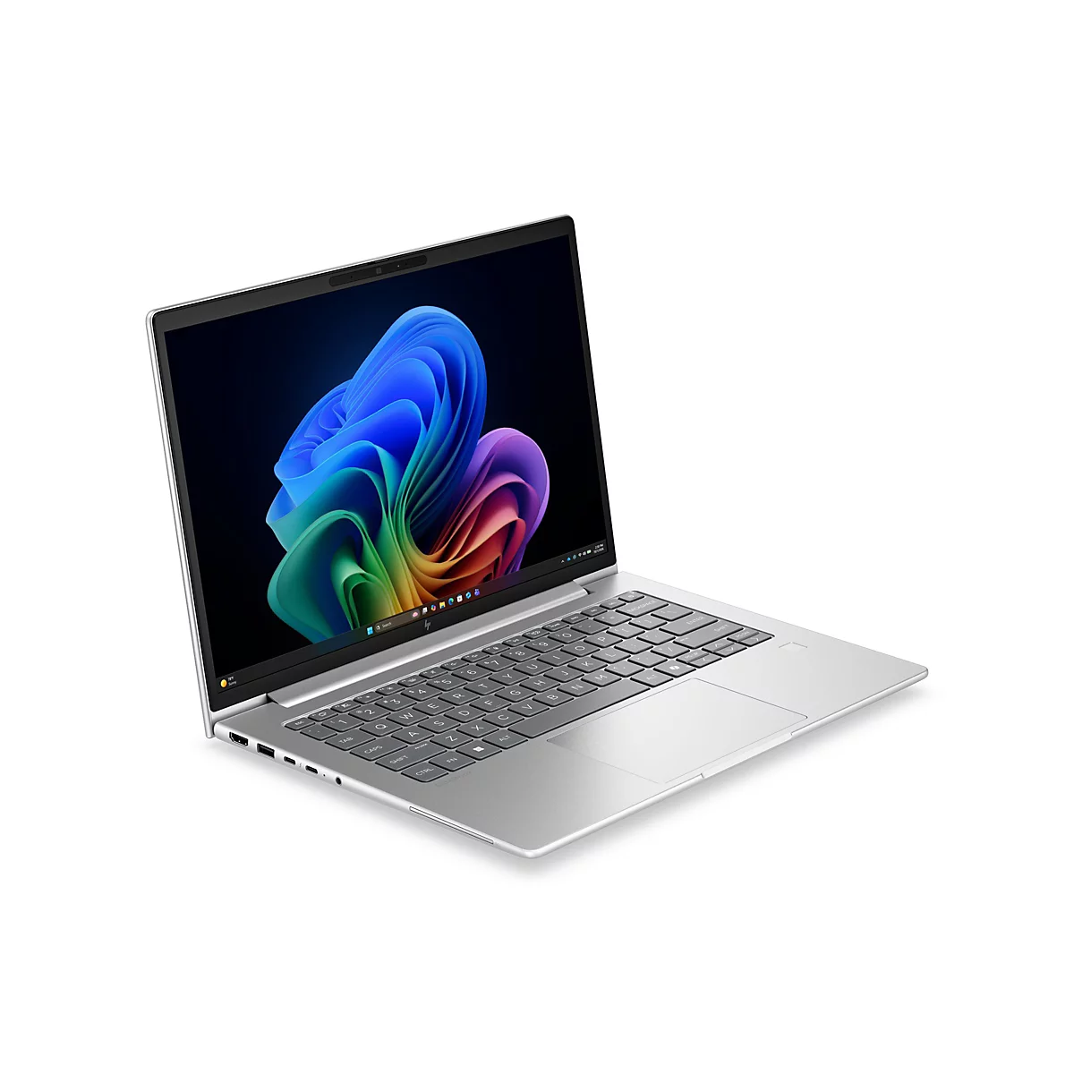Silbernes HP EliteBook Laptop leicht von der Seite, Display zeigt farbenfrohes abstraktes Windows-Design.