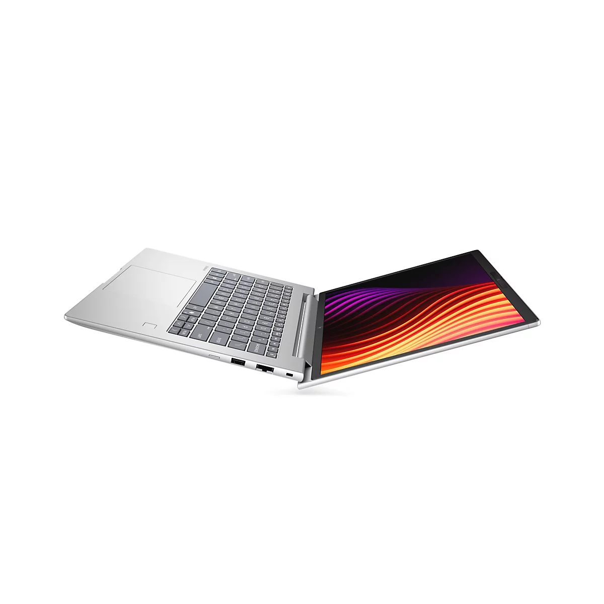 Silbernes HP Laptop in seitlicher Ansicht vor weißem Hintergrund mit abstraktem, farbenfrohem Wellenmuster auf dem Display.