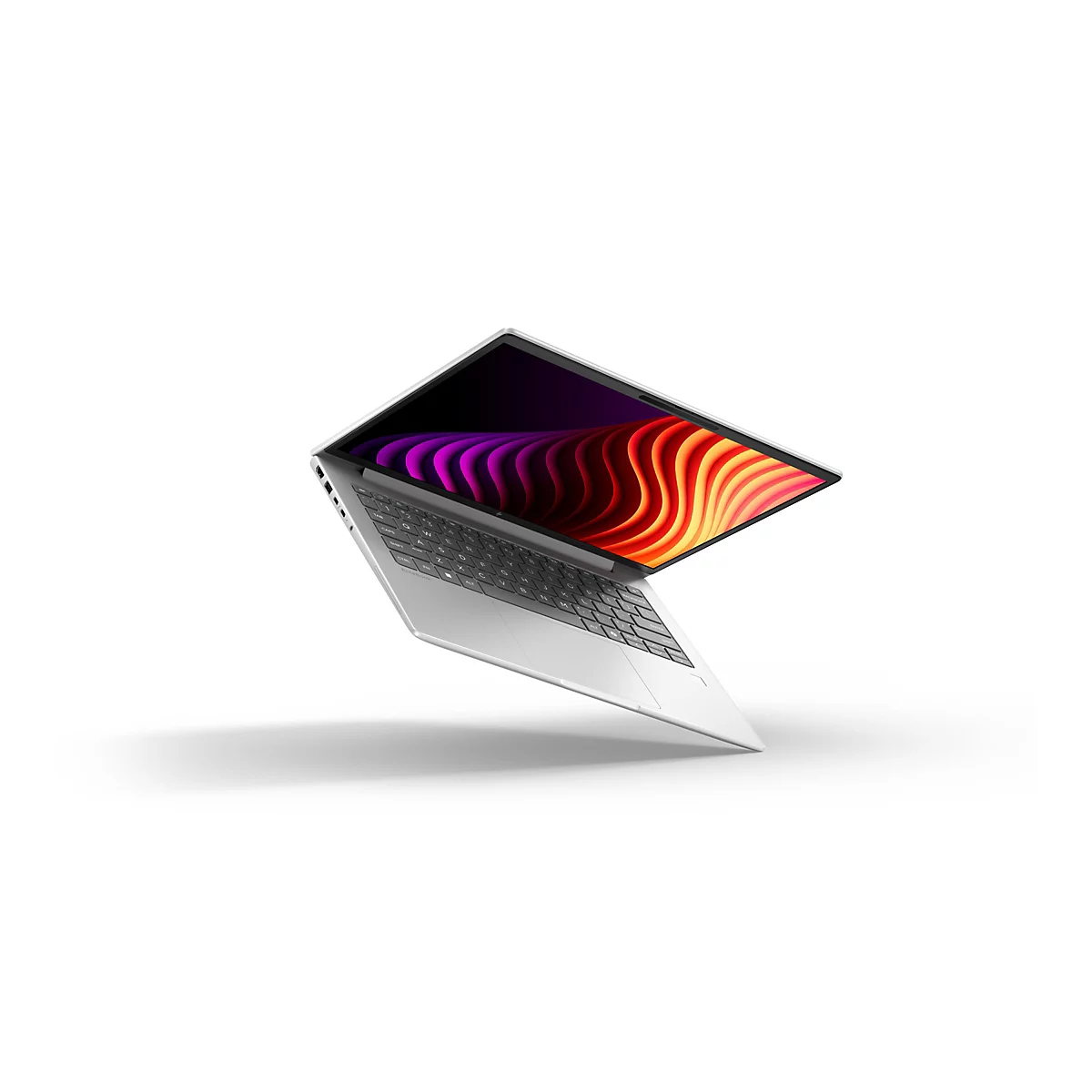 Silbernes HP EliteBook Laptop schwebt im Raum, Bildschirm zeigt abstraktes, buntes Wellenmuster auf schwarzem Grund.