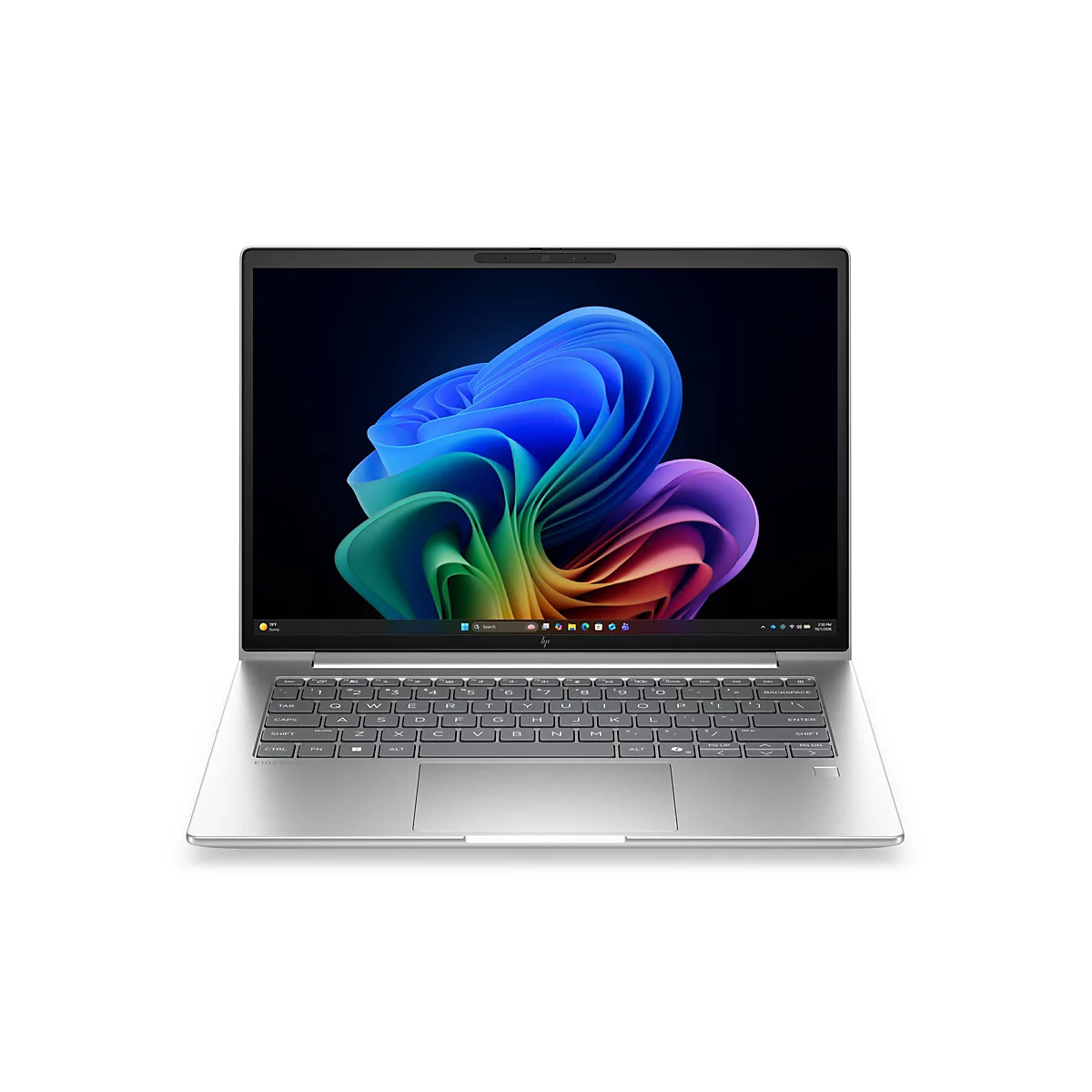 Silberner HP EliteBook Laptop von vorne mit Windows 11 Desktop-Hintergrund auf weißem Hintergrund.