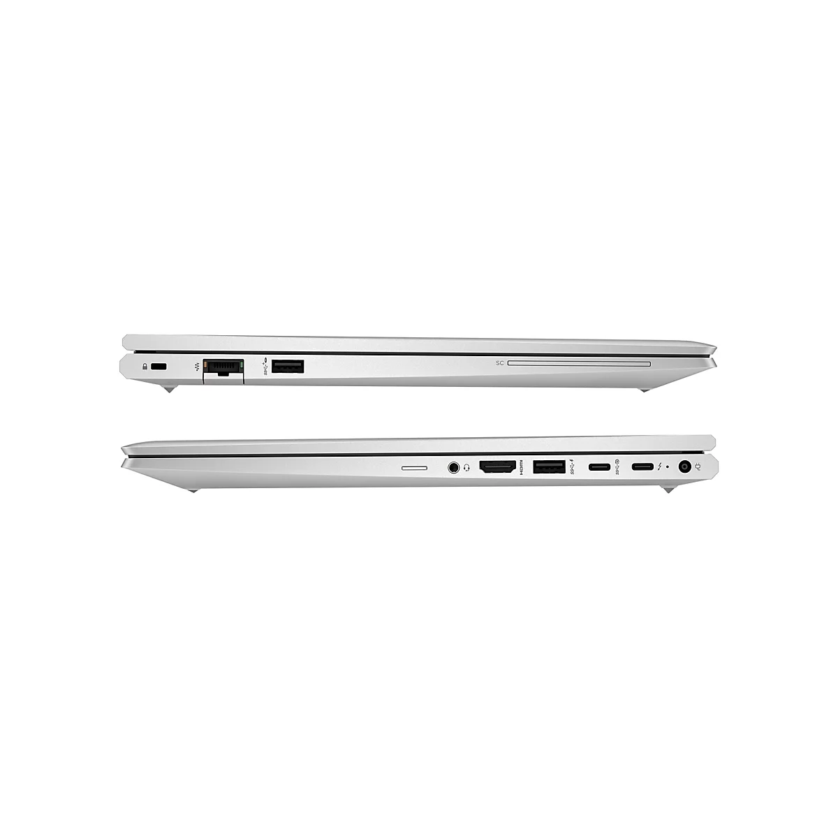 Zwei Laptops von der Seite. Oben und unten sind Anschlüsse und Ports für verschiedene Geräte zu sehen. Alle sind auf weißem Hintergrund.