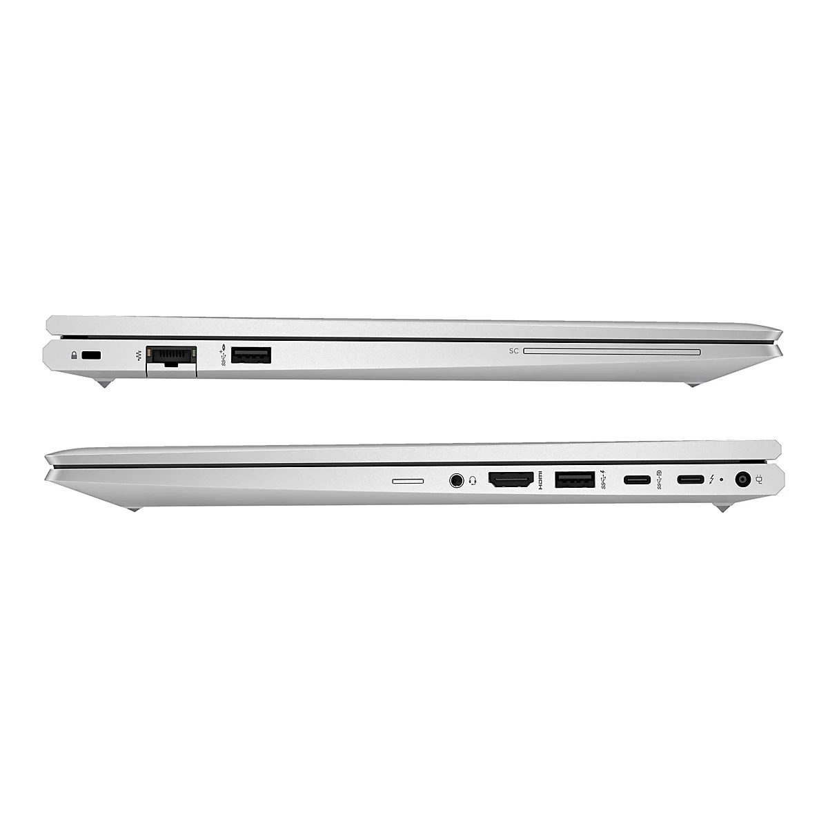 Zwei silberne Laptops im Profil, mit sichtbaren AnschlÃ¼ssen. Obere Seite: Netzwerkanschluss, USB. Untere Seite: Audio, HDMI, USB, Thunderbolt.