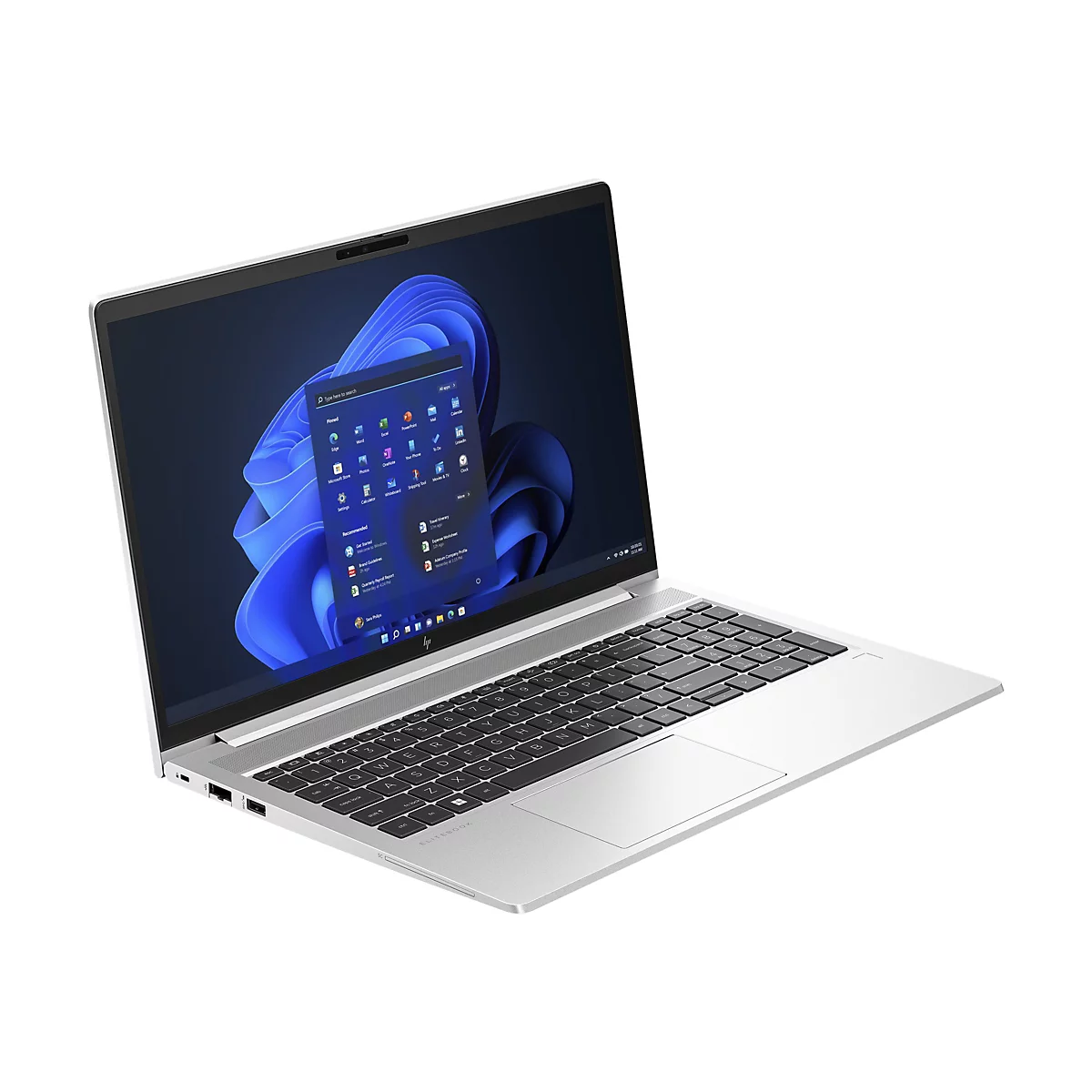Hellgraues Notebook mit schwarzem Bildschirm, Tastatur und Touchpad. Der Bildschirm zeigt eine Windows-OberflÃ¤che.