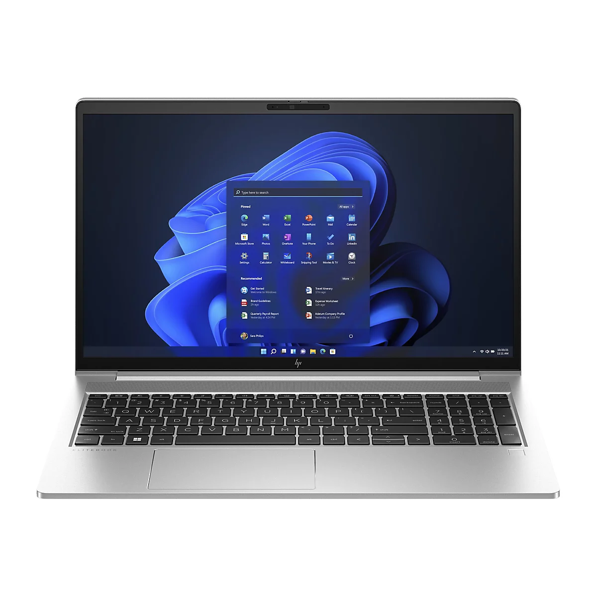 Silbernes Notebook, Bildschirm zeigt Windows 11 OberflÃ¤che. Tastatur, Touchpad, Webcam.