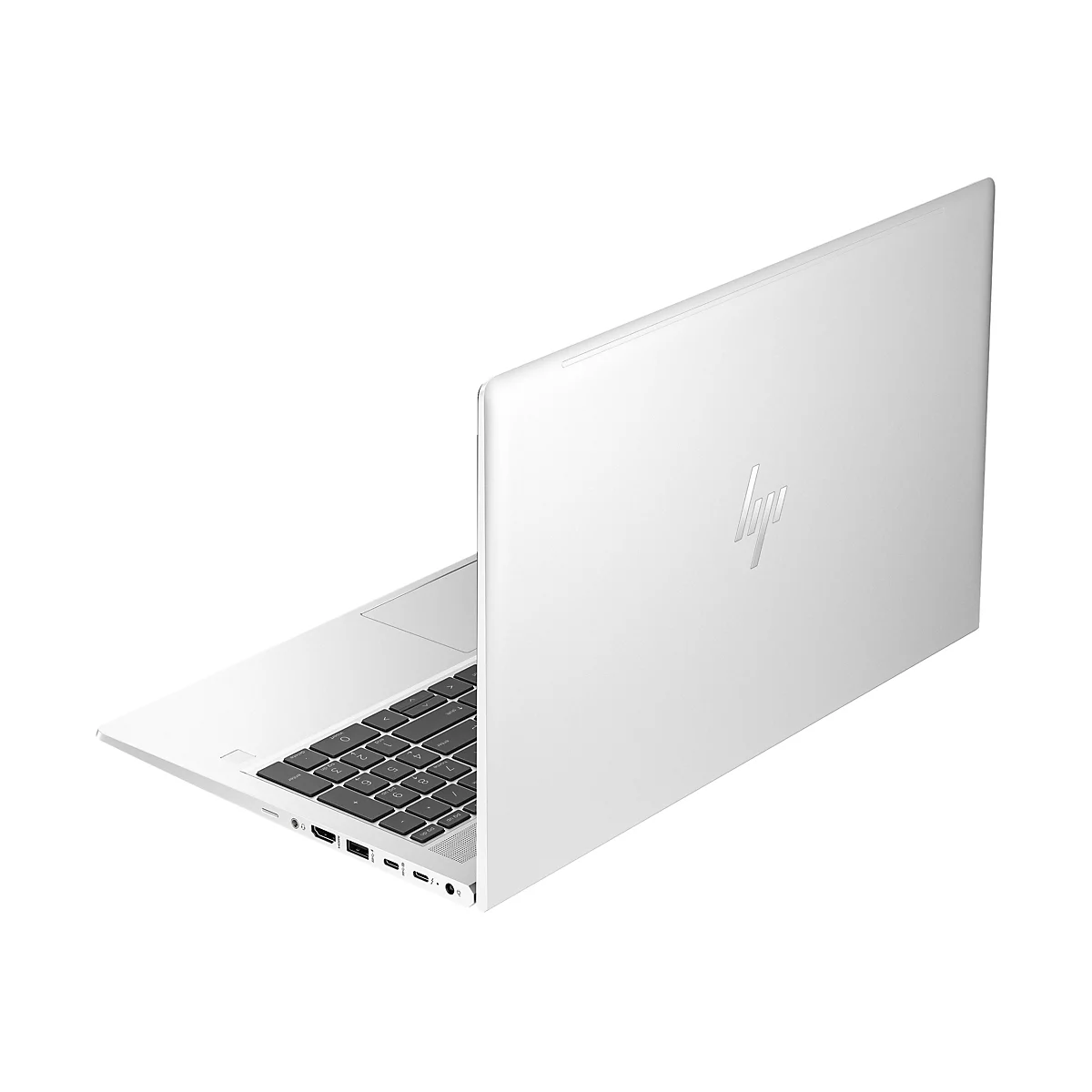 WeiÃŸes Laptop mit geÃ¶ffnetem Display. Das HP-Logo ist auf der RÃ¼ckseite sichtbar.