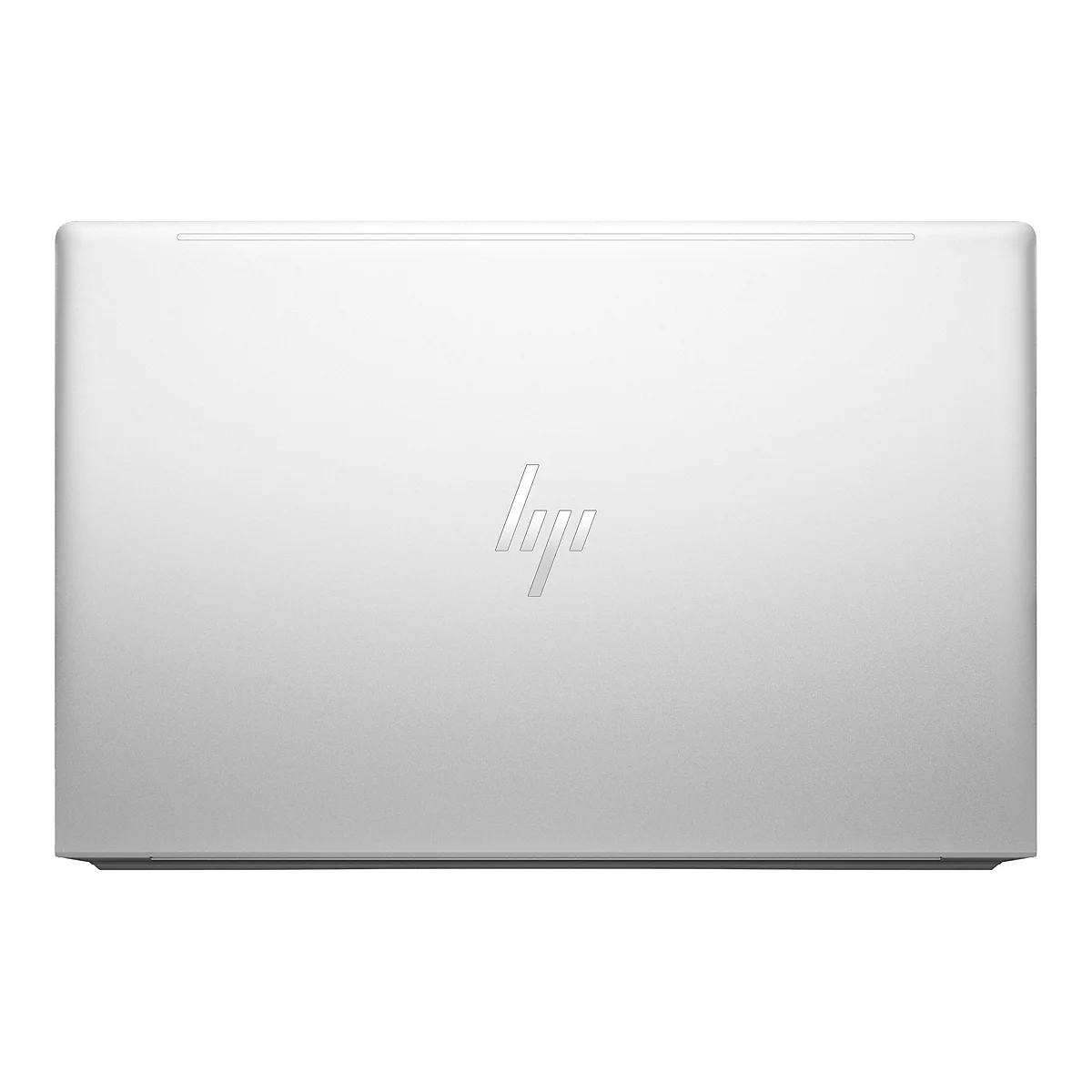 Das silberne GehÃ¤use eines Laptops von oben, mit dem HP-Logo in der Mitte.