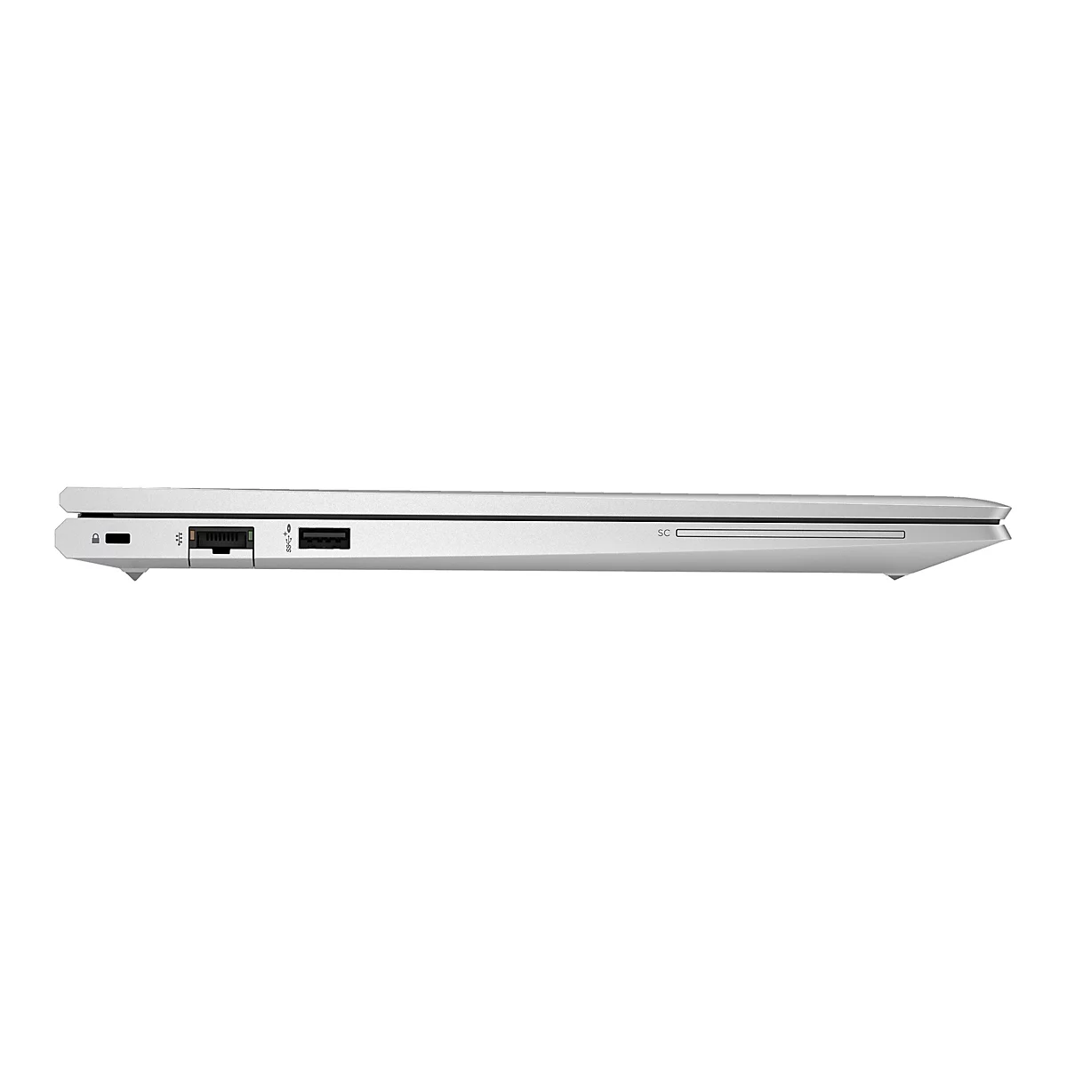Graues Laptop-Profil. AnschlÃ¼sse: USB, Netzwerk, Audio. Schlankes Design, silberne Farbe.