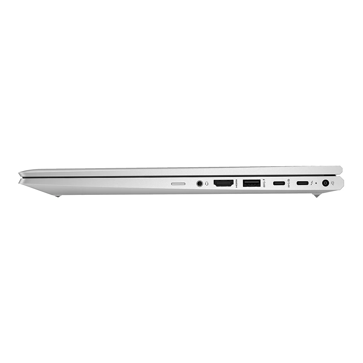 Silberner Laptop, Seitenansicht. AnschlÃ¼sse fÃ¼r KopfhÃ¶rer, HDMI, USB-A und USB-C sind sichtbar.