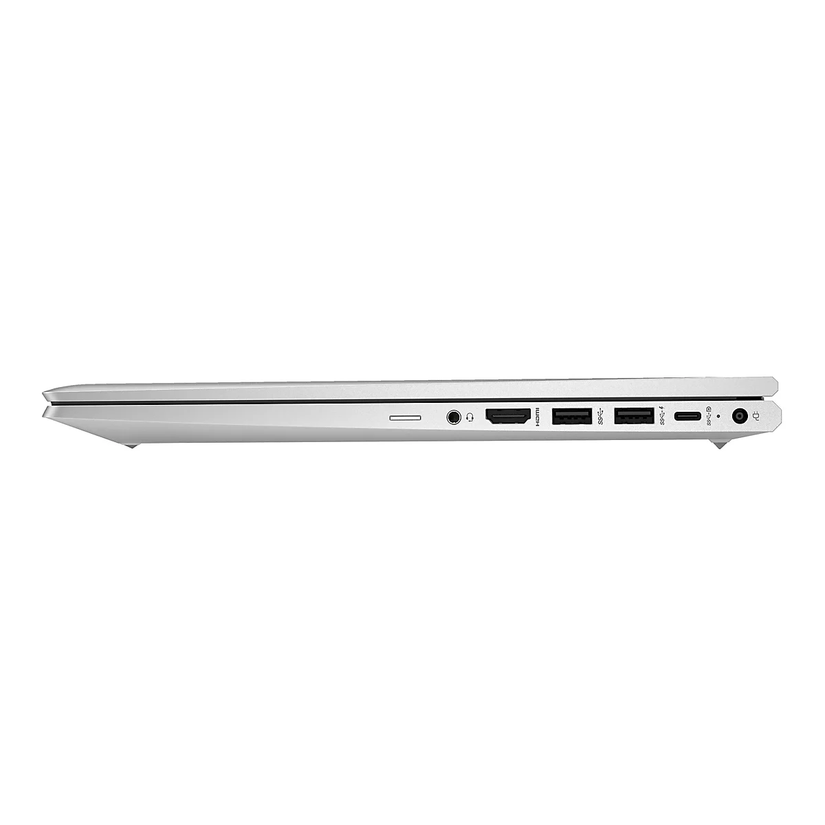 Seitenansicht eines silbernen Laptops, auf dem verschiedene AnschlÃ¼sse zu sehen sind.