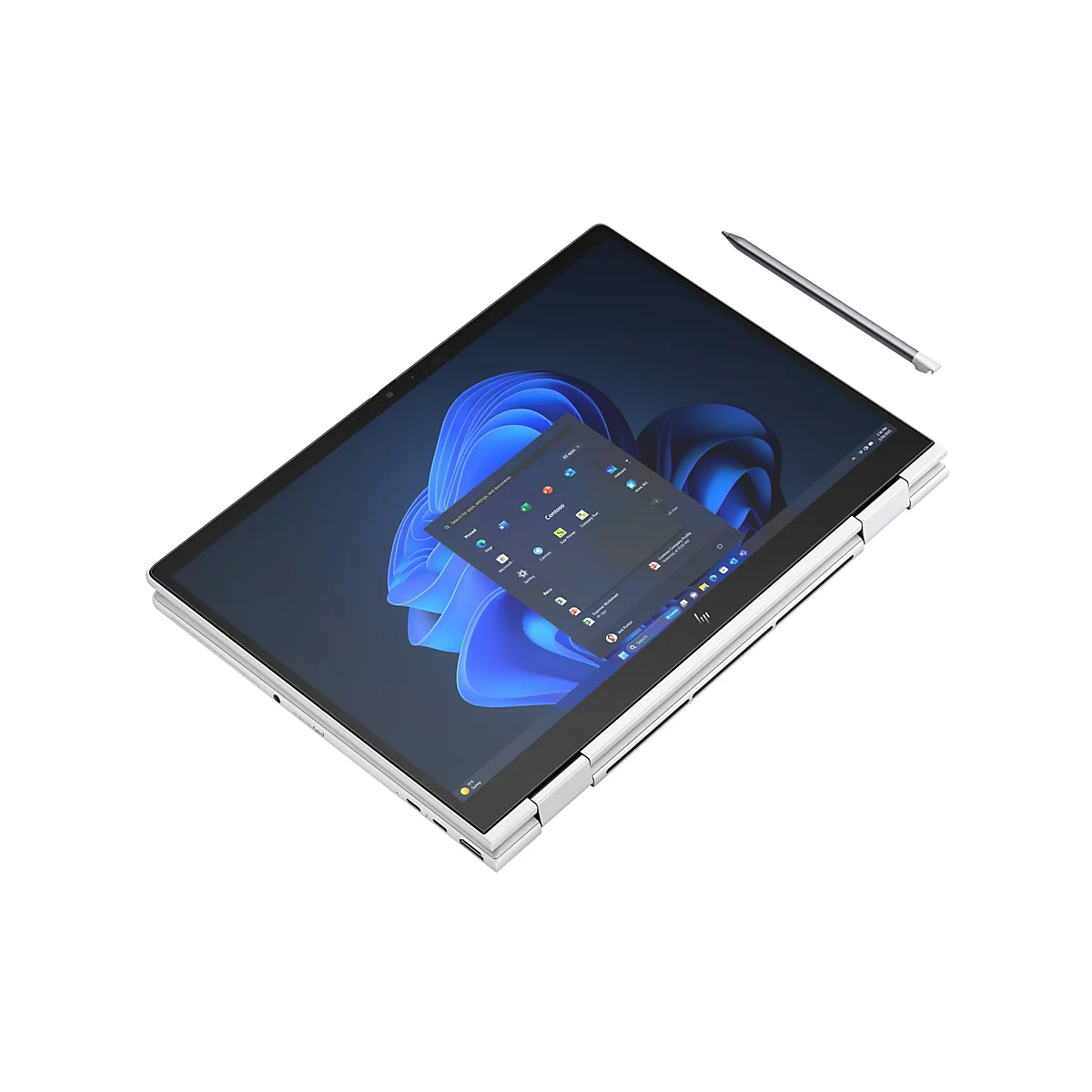 Ein silbernes HP-Convertible-Laptop-Tablet mit geöffnetem Display, auf dem Windows-Oberfläche mit Menüs zu sehen ist, daneben ein Stift.
