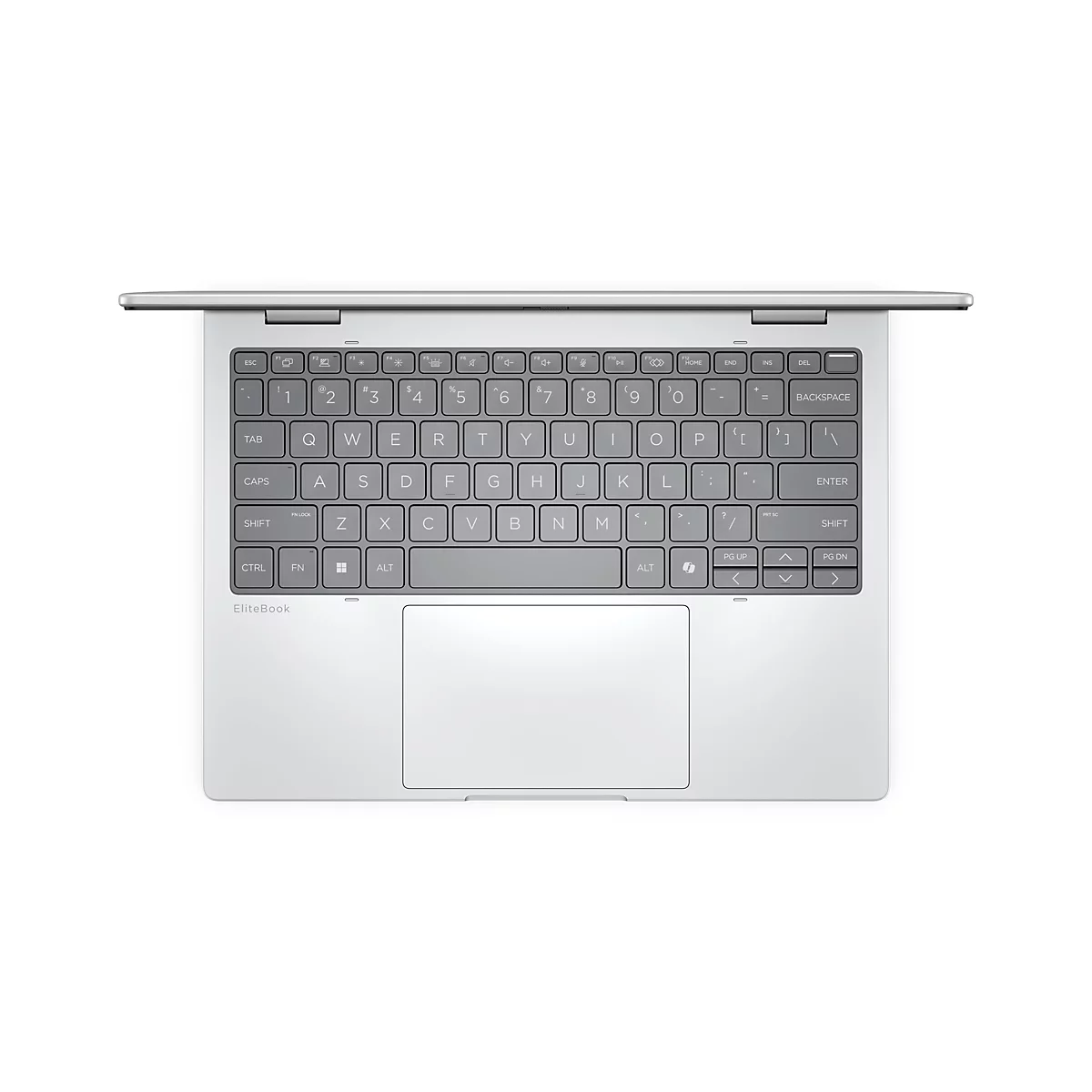 Hellgraues Laptop mit Tastatur, Touchpad und hochgeklapptem Display vor weißem Hintergrund. EliteBook-Schriftzug.