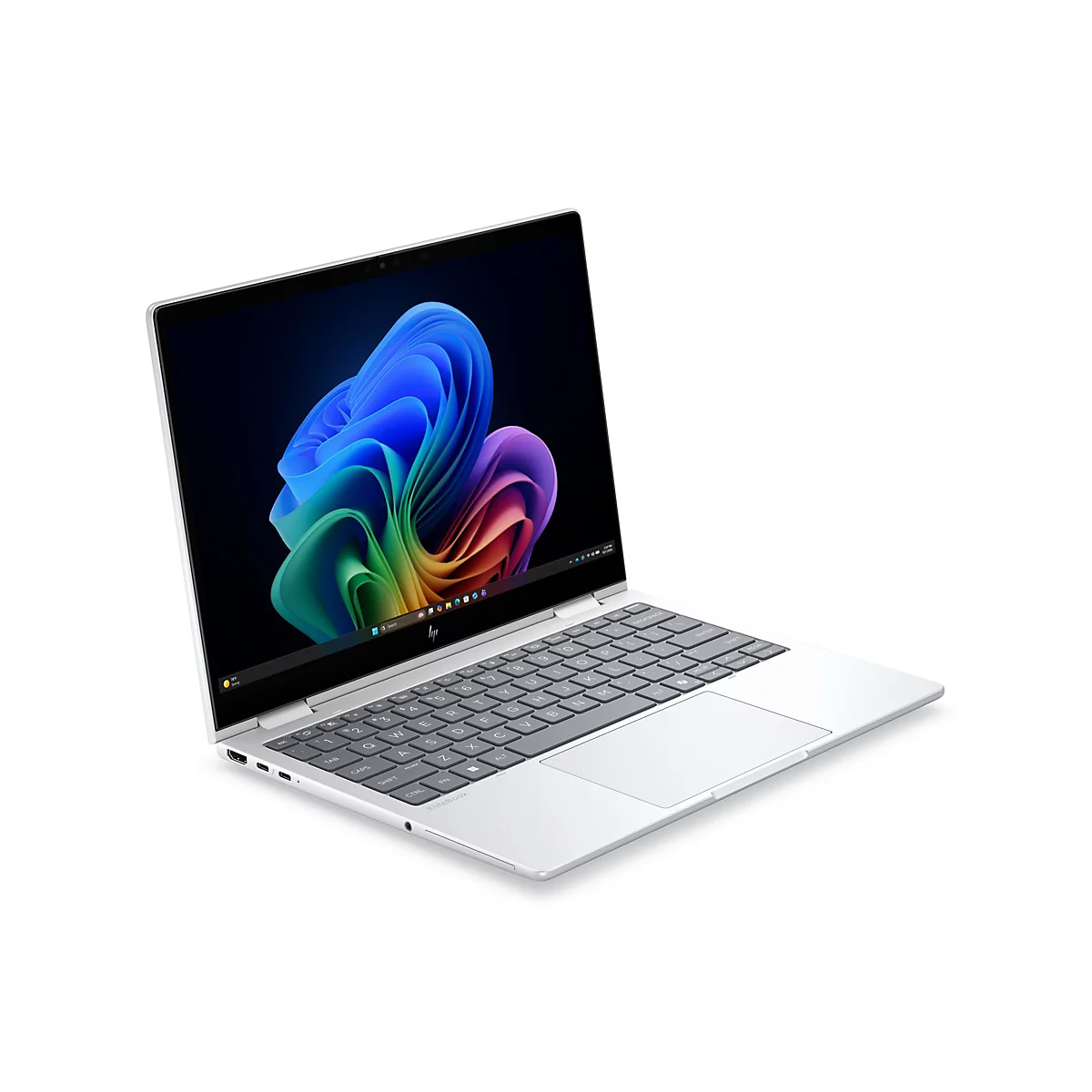 Silbernes HP EliteBook Laptop mit aufgeklapptem Bildschirm und buntem abstraktem Hintergrundbild.
