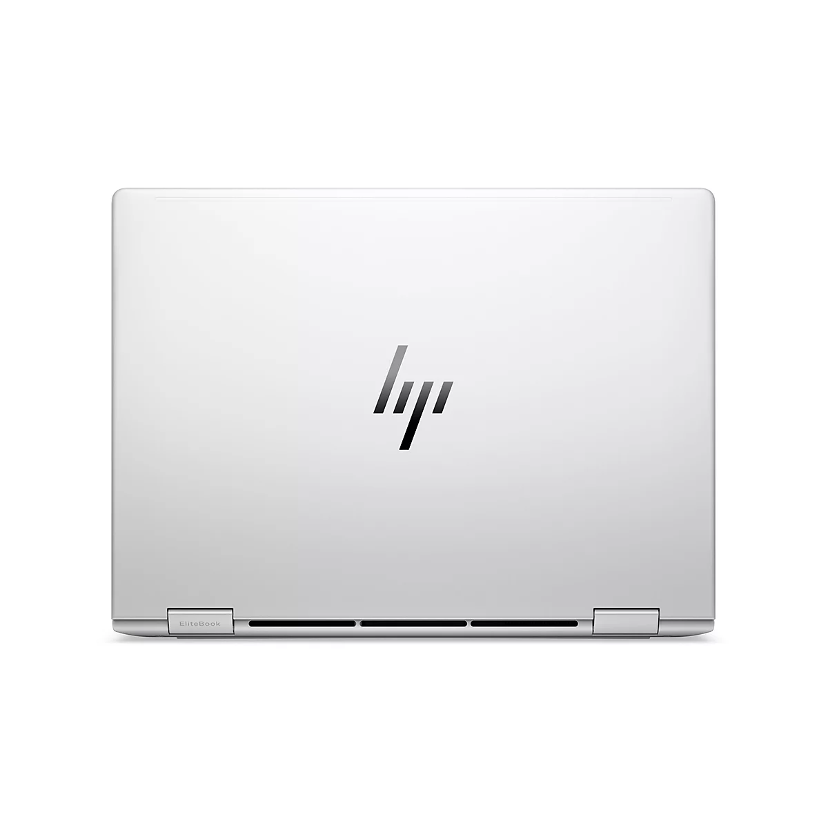 Geschlossener, silberner HP EliteBook Laptop mit mittigem HP-Logo vor weißem Hintergrund.