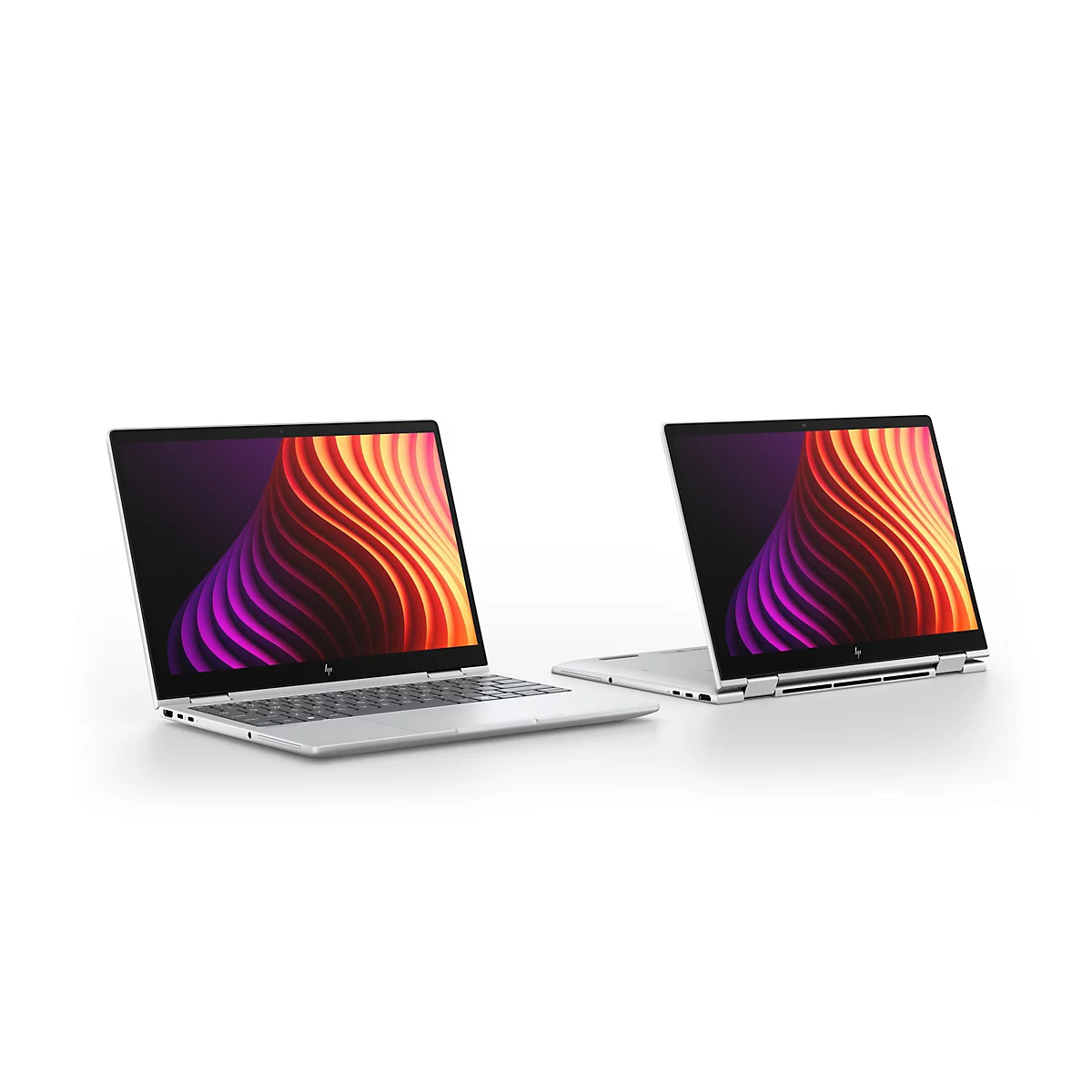 Zwei silberne HP Laptops vor weißem Hintergrund mit abstraktem, farbenfrohem Bildschirmhintergrund.
