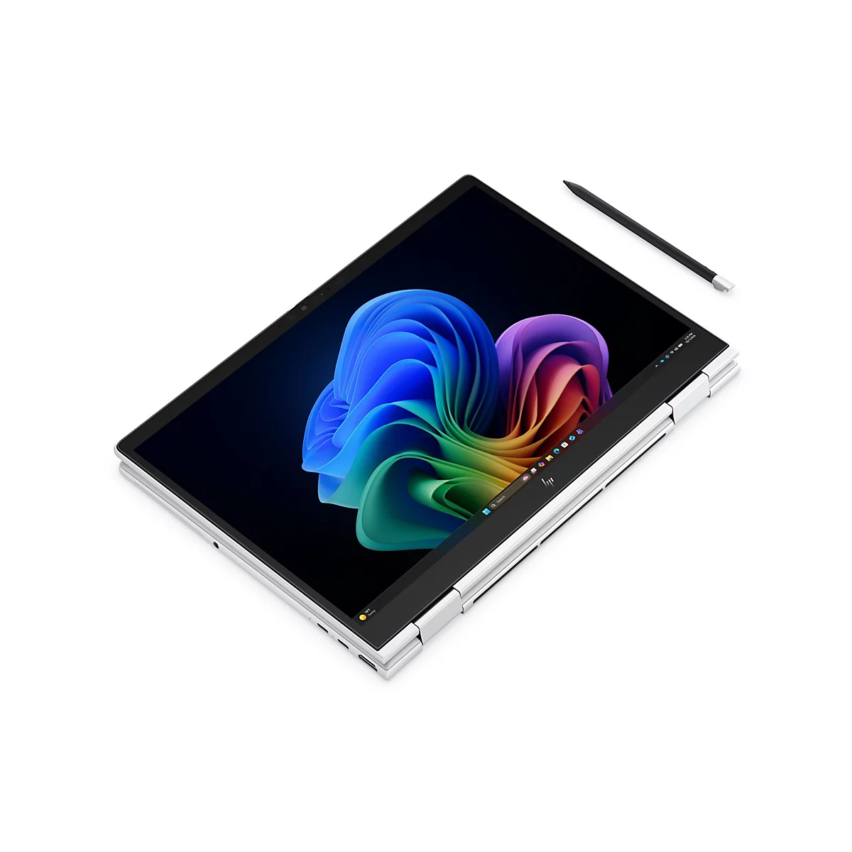 Silbernes HP Convertible Laptop mit aktivem Stift auf weißem Hintergrund.