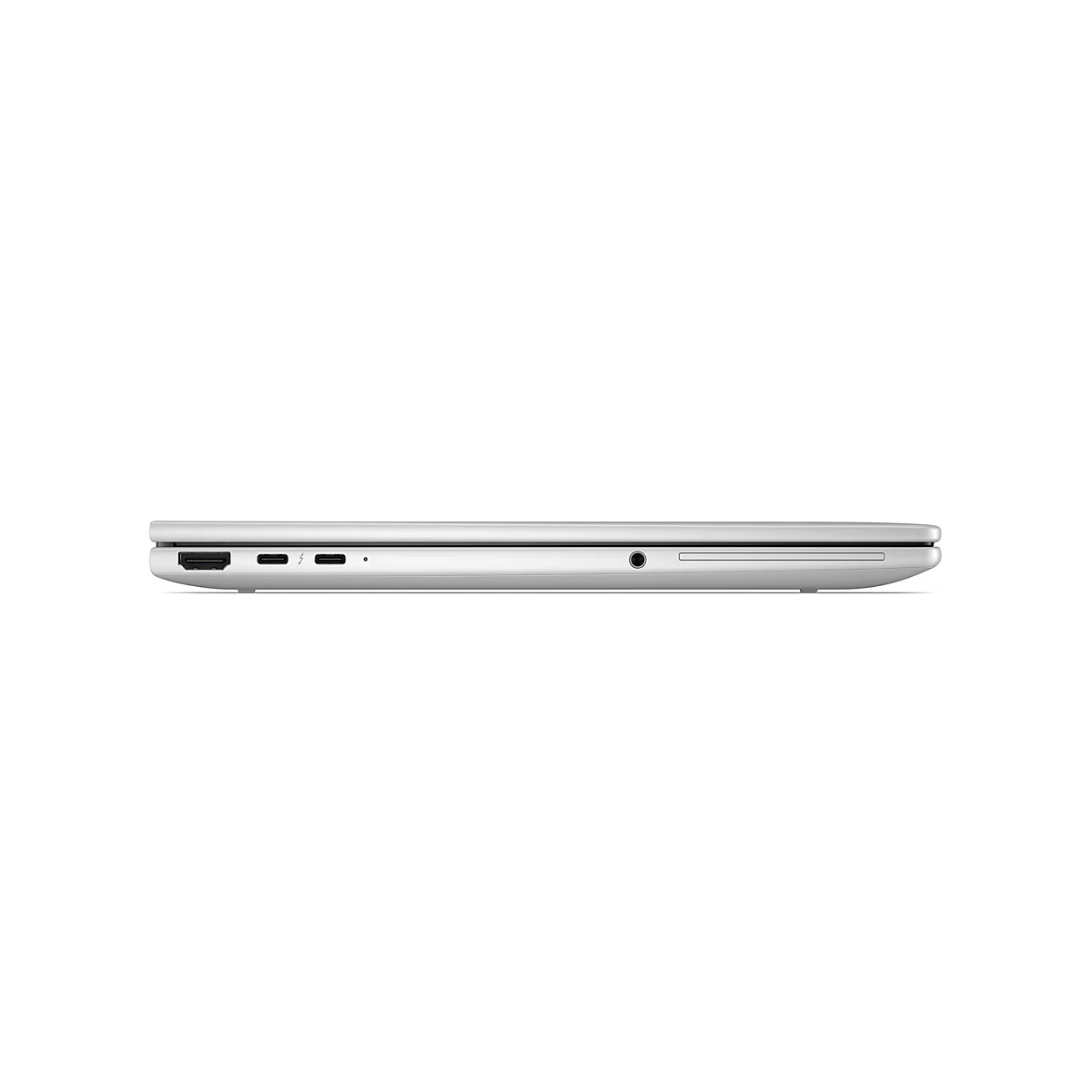 Seitenansicht eines silbernen Laptops mit Anschlüssen wie HDMI, USB-C und Kopfhörerbuchse.