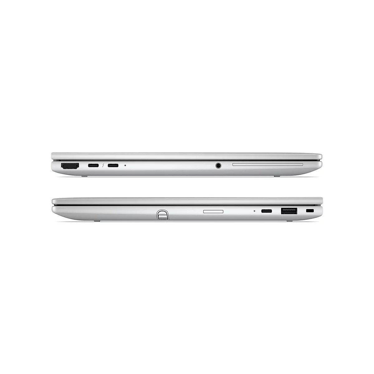 Seitenansichten eines silbernen Laptops mit verschiedenen Anschlüssen auf beiden Seiten vor weißem Hintergrund.