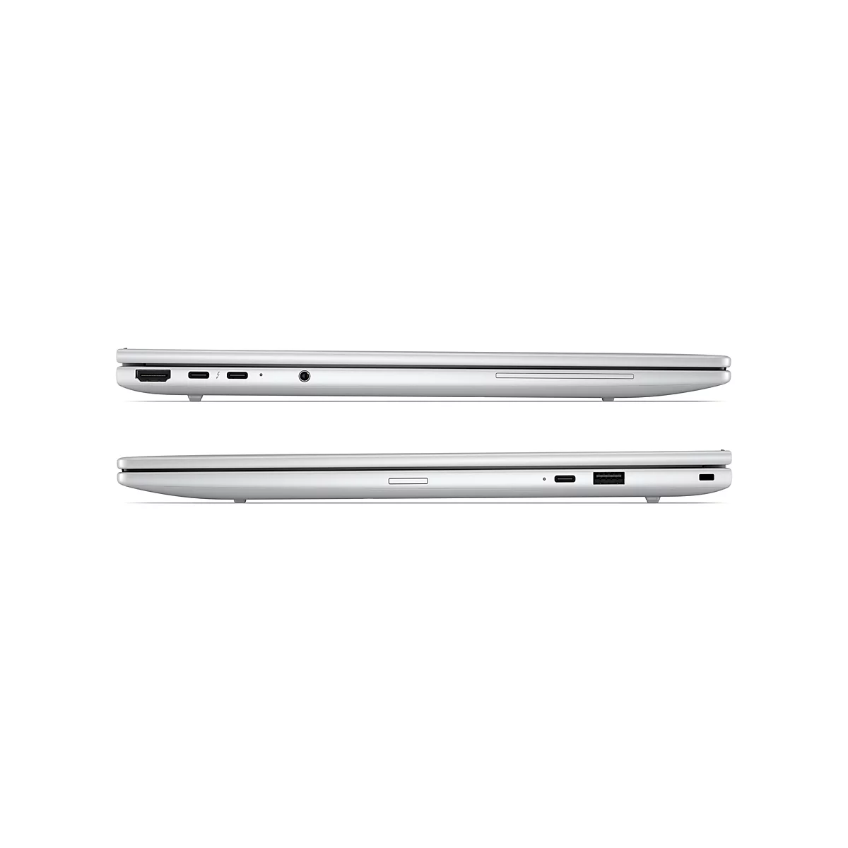 Seitenansichten eines silbernen Laptops mit diversen Anschlüssen, freigestellt vor weißem Hintergrund.