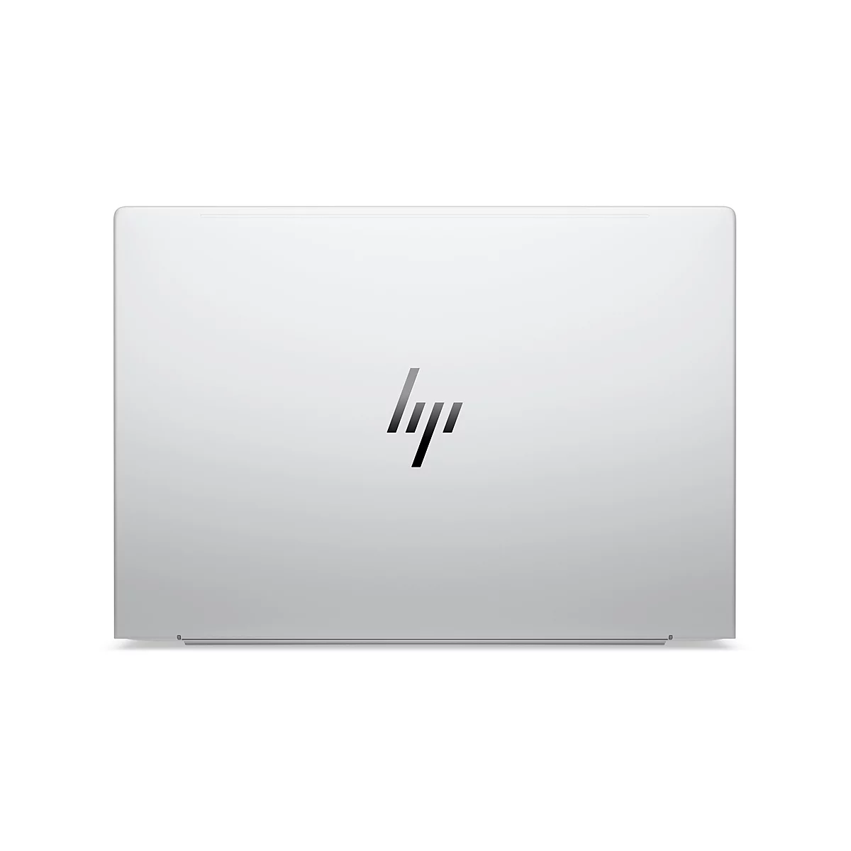 Silberner Laptop von HP in der Draufsicht auf weißem Hintergrund mit dem HP Logo in der Mitte.