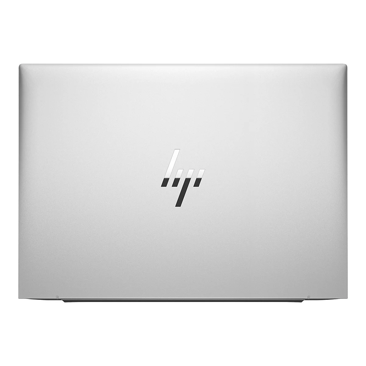 Draufsicht auf einen Laptop mit dem HP Logo auf der Oberseite, die Oberfläche ist silbergrau.