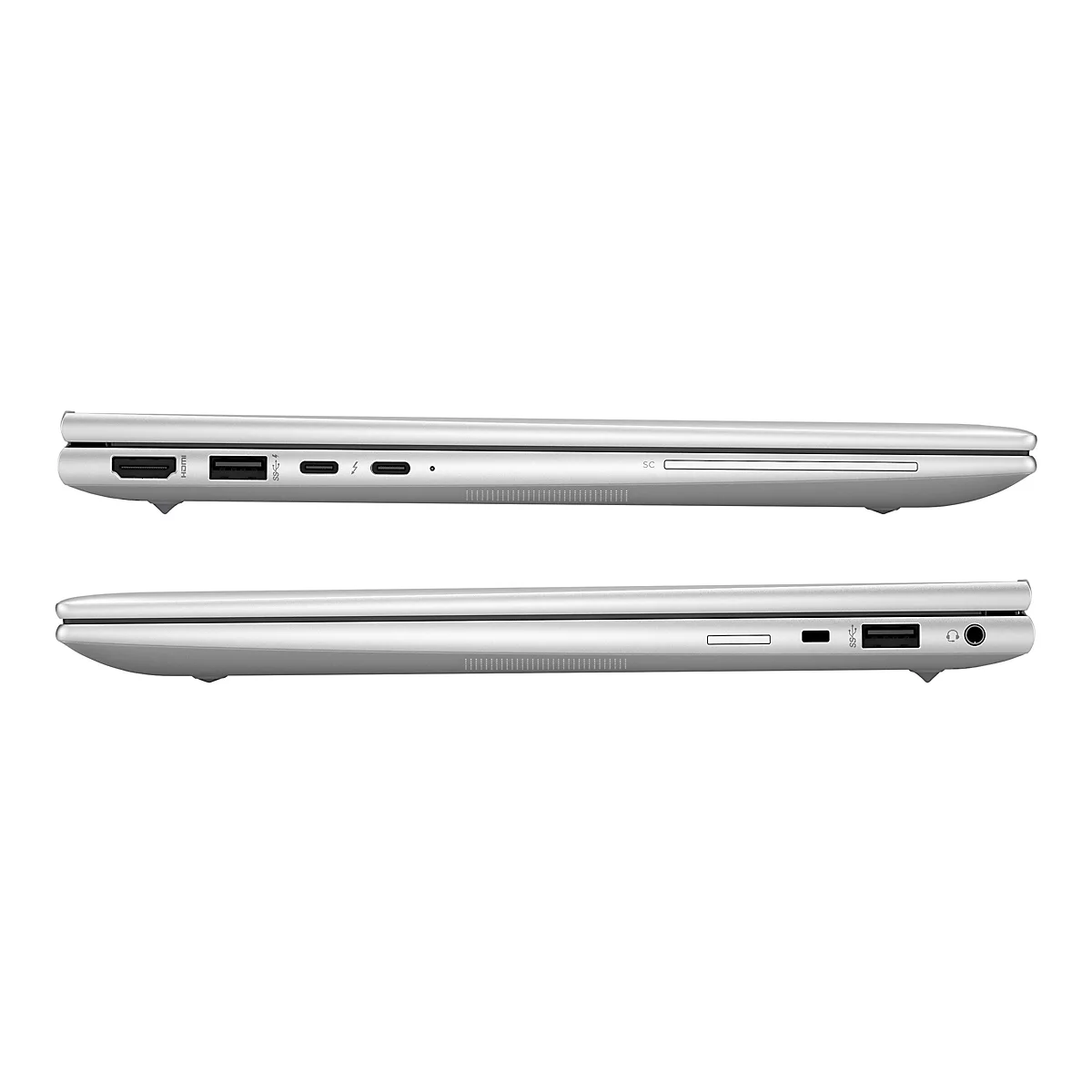 Zwei Seitenansichten eines silberfarbenen Laptops, die die Anschlüsse zeigen. Unten: USB, Kopfhöreranschluss. Oben: HDMI, USB-C und weitere.