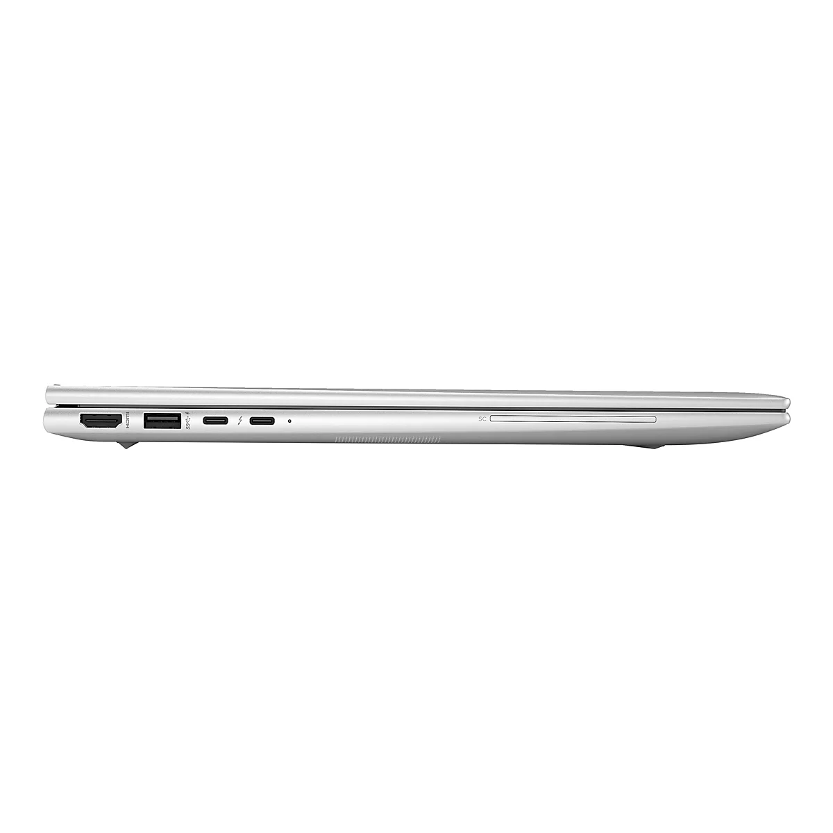 Silberfarbenes Laptop-Profil mit AnschlÃ¼ssen und SD-Kartenslot.
