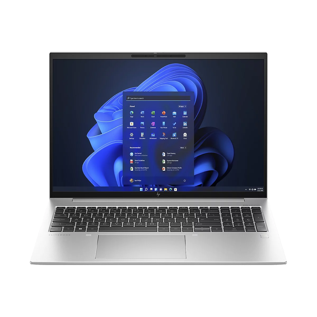 Ein silbernes Notebook mit schwarzer Tastatur und geÃ¶ffnetem Bildschirm mit einem StartmenÃ¼. Das Notebook steht vor einem weiÃŸen Hintergrund.