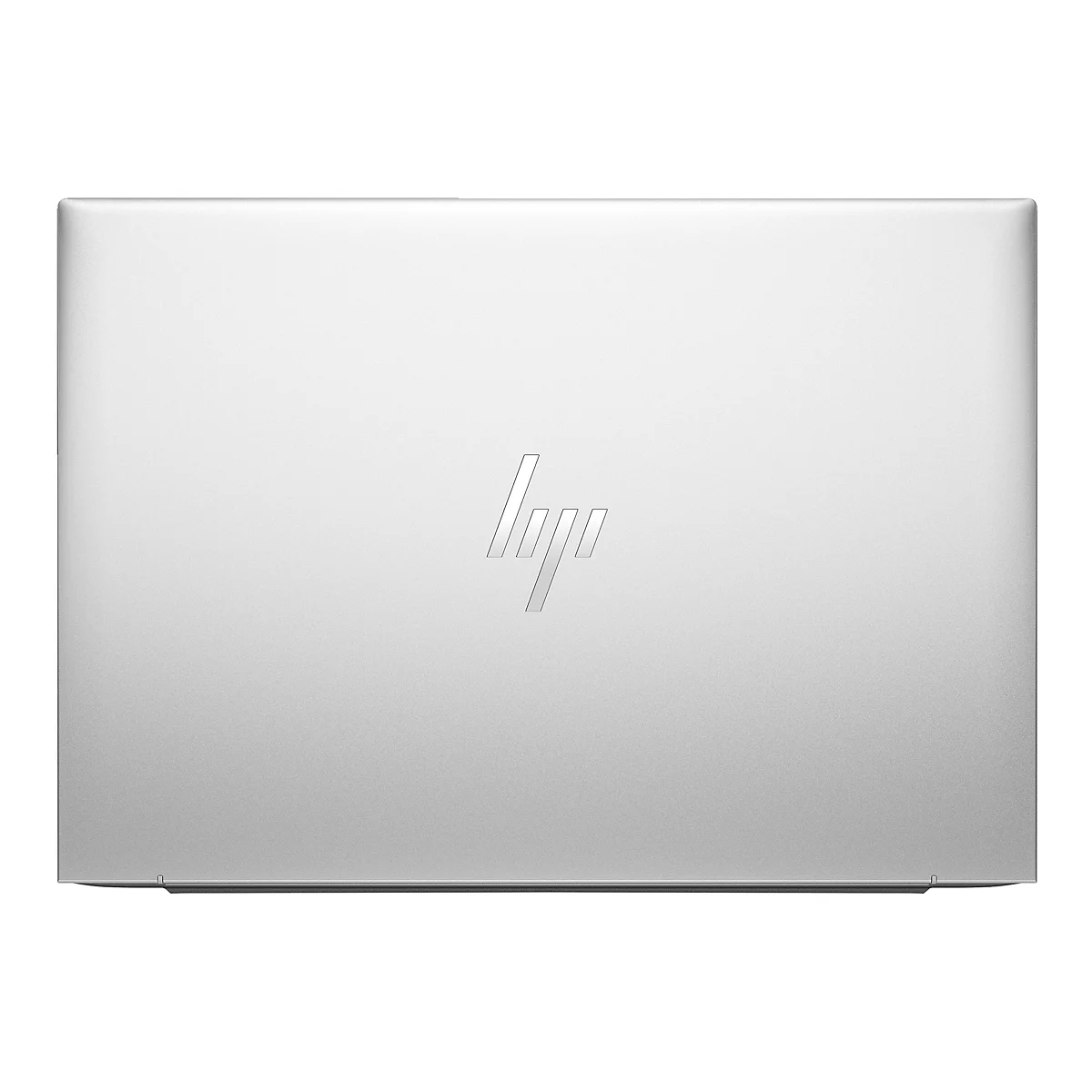 Draufsicht auf ein silbernes HP-Laptop mit dem HP-Logo.
