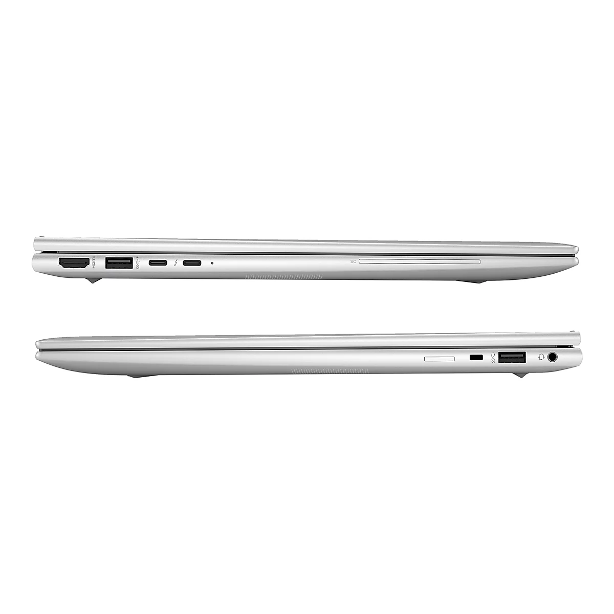 Zwei silberne Laptops nebeneinander, von der Seite. Beide zeigen AnschlÃ¼sse und Schlitze.
