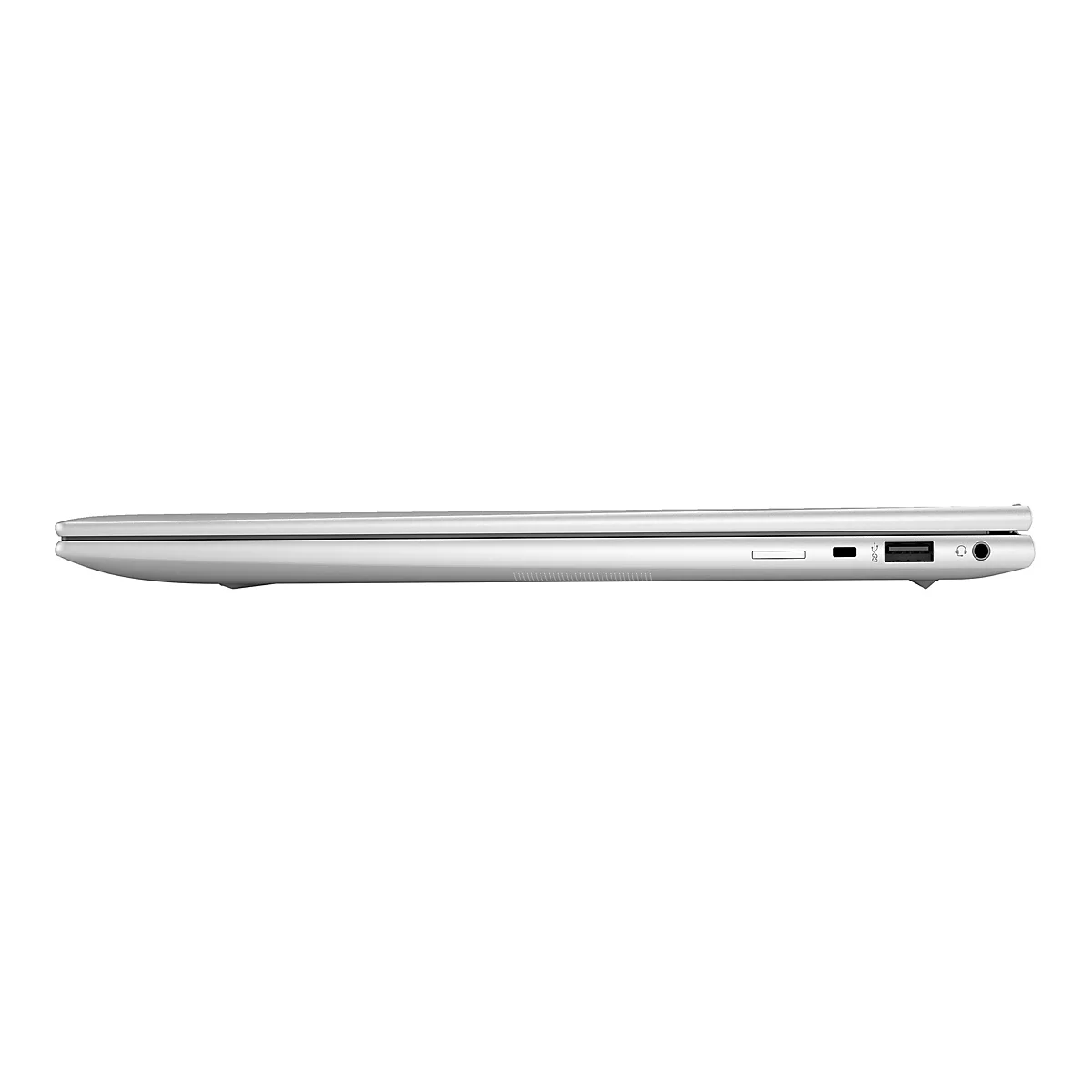 Ein silberner Laptop im Profil, der die dÃ¼nne Form und die AnschlÃ¼sse zeigt.