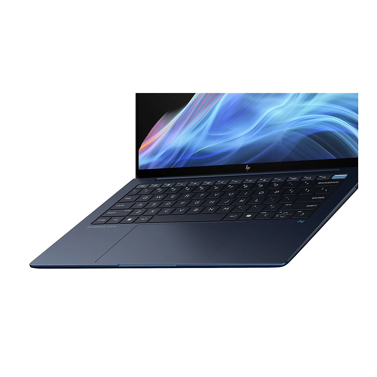 Blaues Notebook, Display zeigt abstrakte Wellen. Tastatur mit Buchstaben und Bedienelementen. HP Logo.